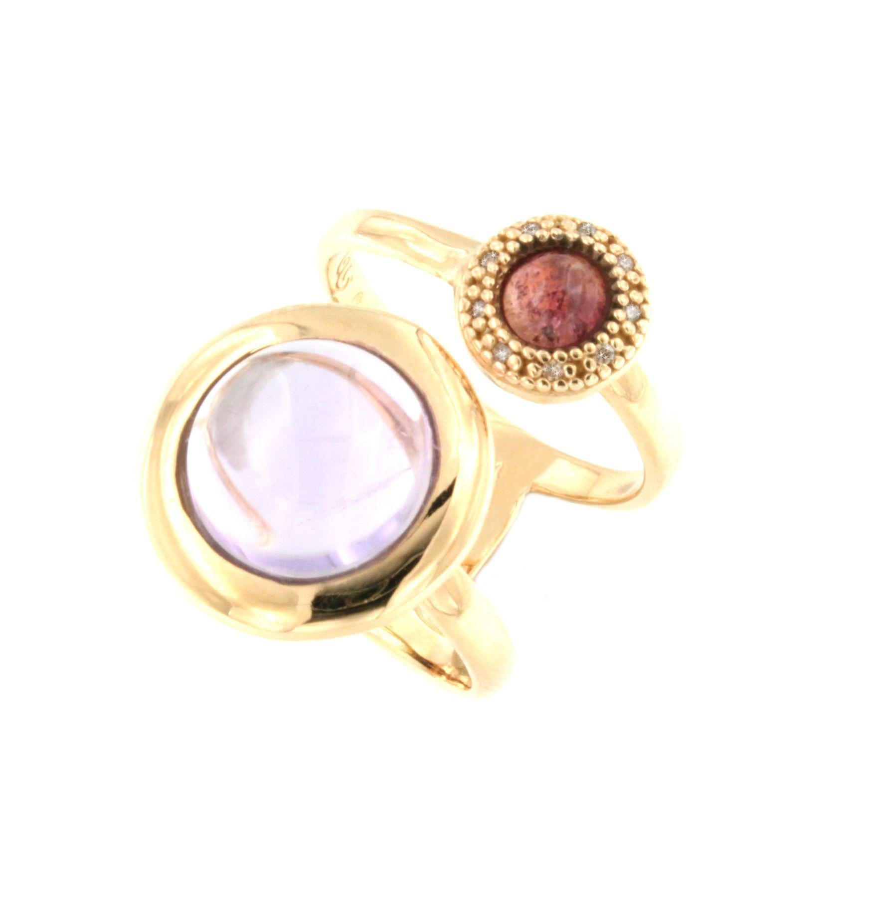18Kt Rose Gold with Purple Amethyst Pink Tourmaline White Diamonds Double Ring  In New Condition For Sale In GALLARATE, IT