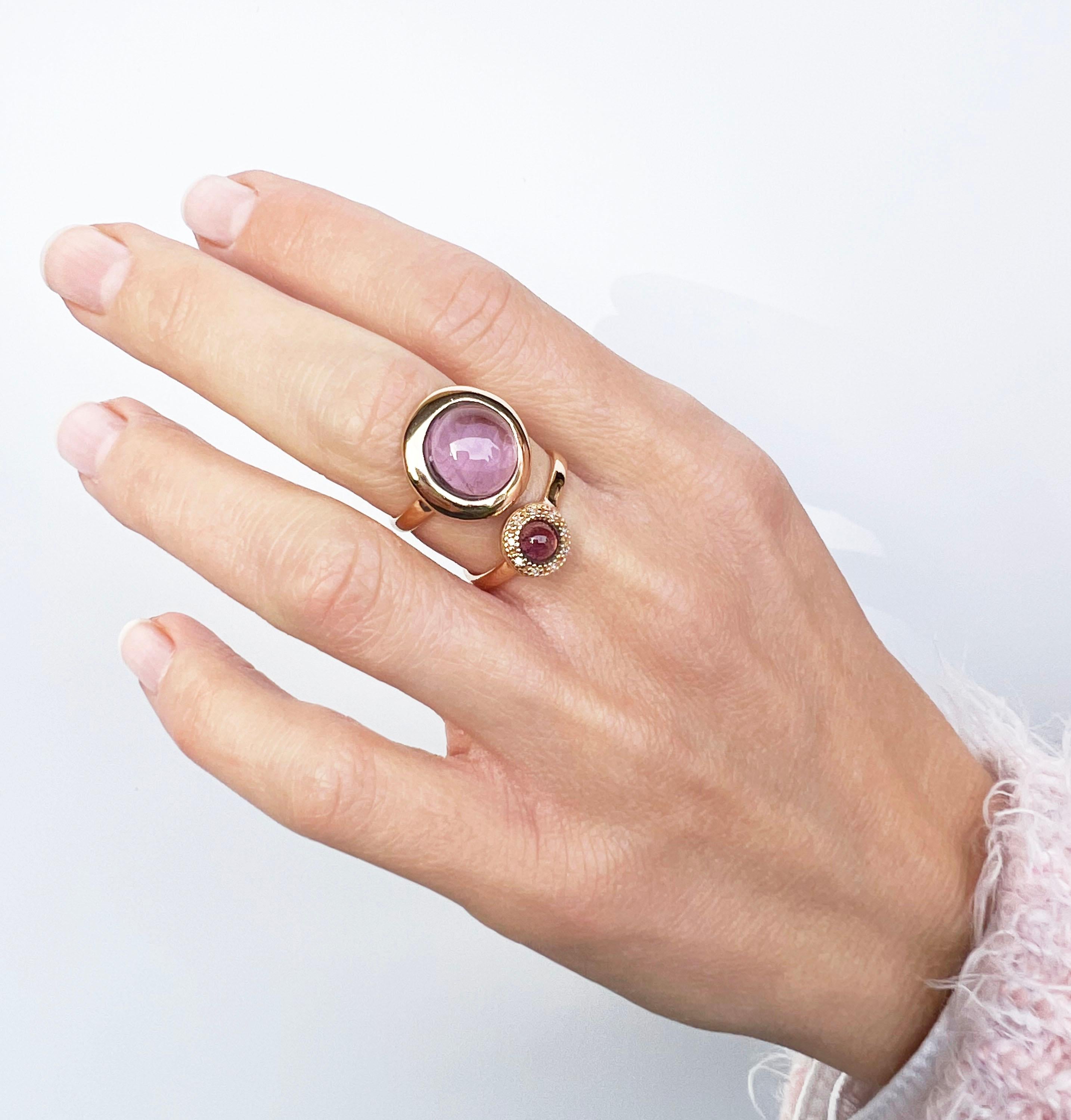 Women's or Men's 18Kt Rose Gold with Purple Amethyst Pink Tourmaline White Diamonds Double Ring  For Sale