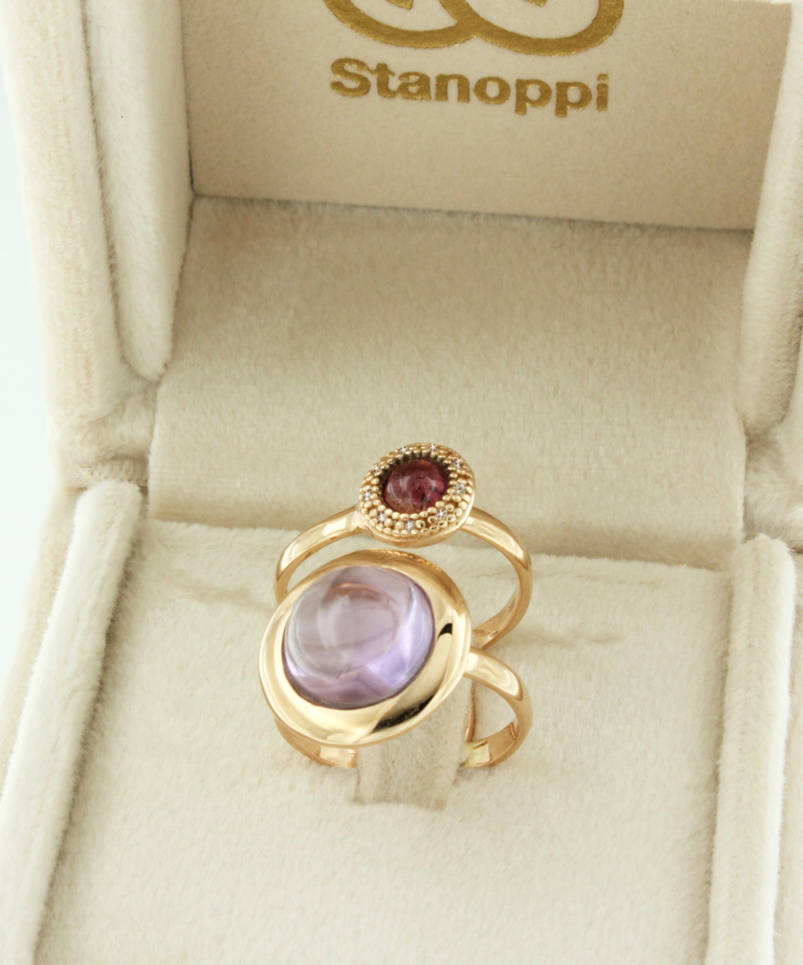 18Kt Rose Gold with Purple Amethyst Pink Tourmaline White Diamonds Double Ring  For Sale 1