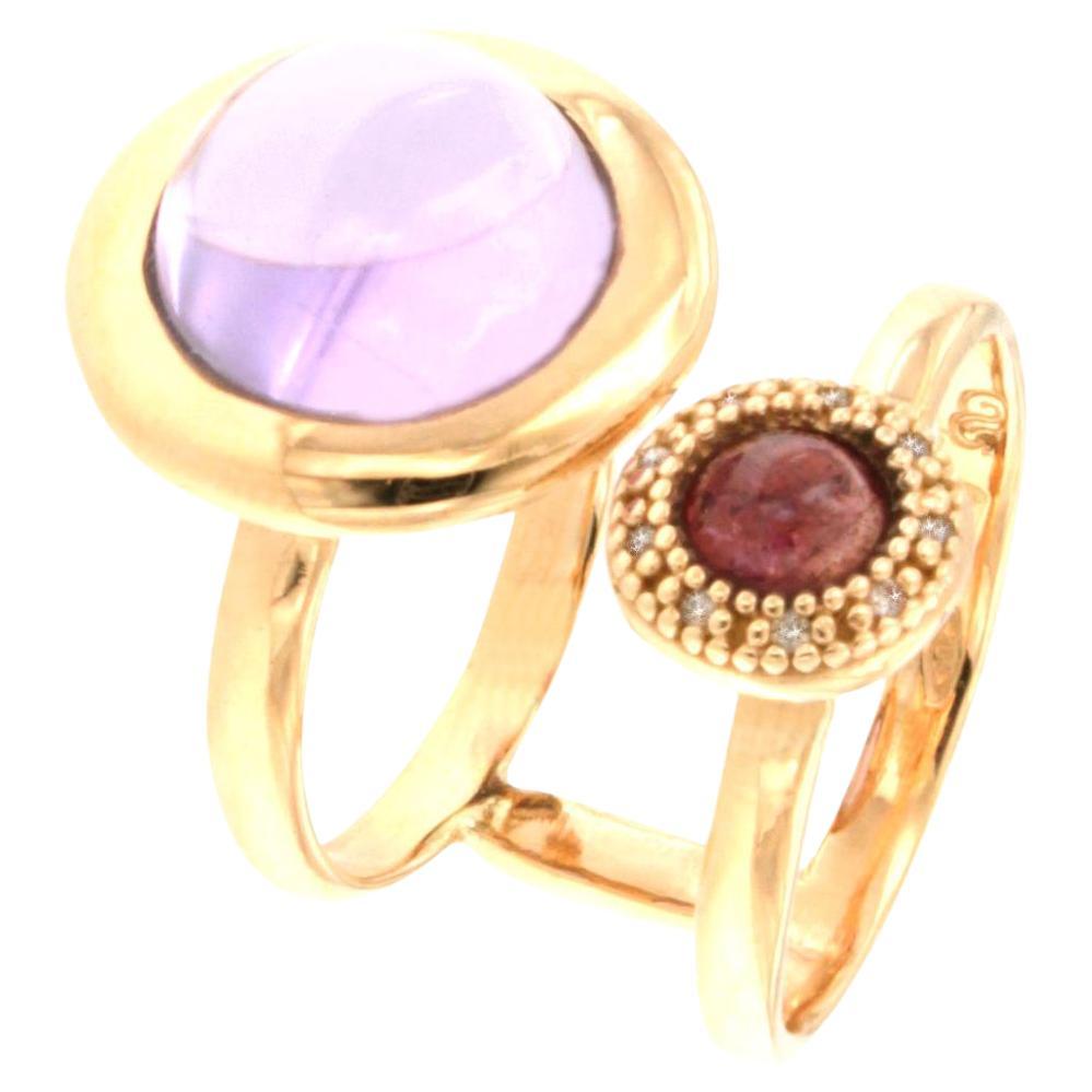 18Kt Rose Gold with Purple Amethyst Pink Tourmaline White Diamonds Double Ring  For Sale