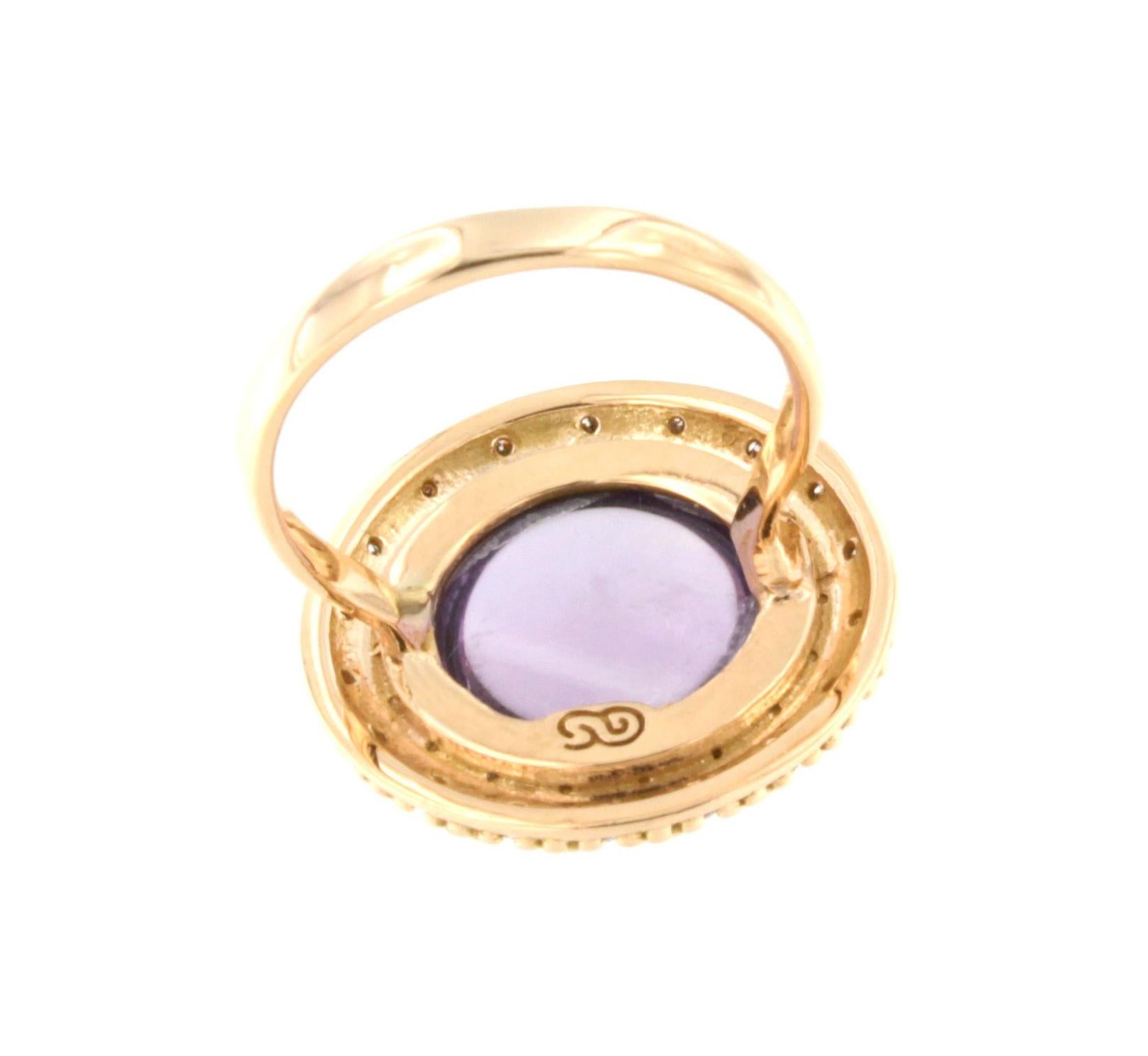 Women's or Men's 18kt Rose Gold with Purple Cabochon Amethyst Stone White Diamonds Modern Ring For Sale