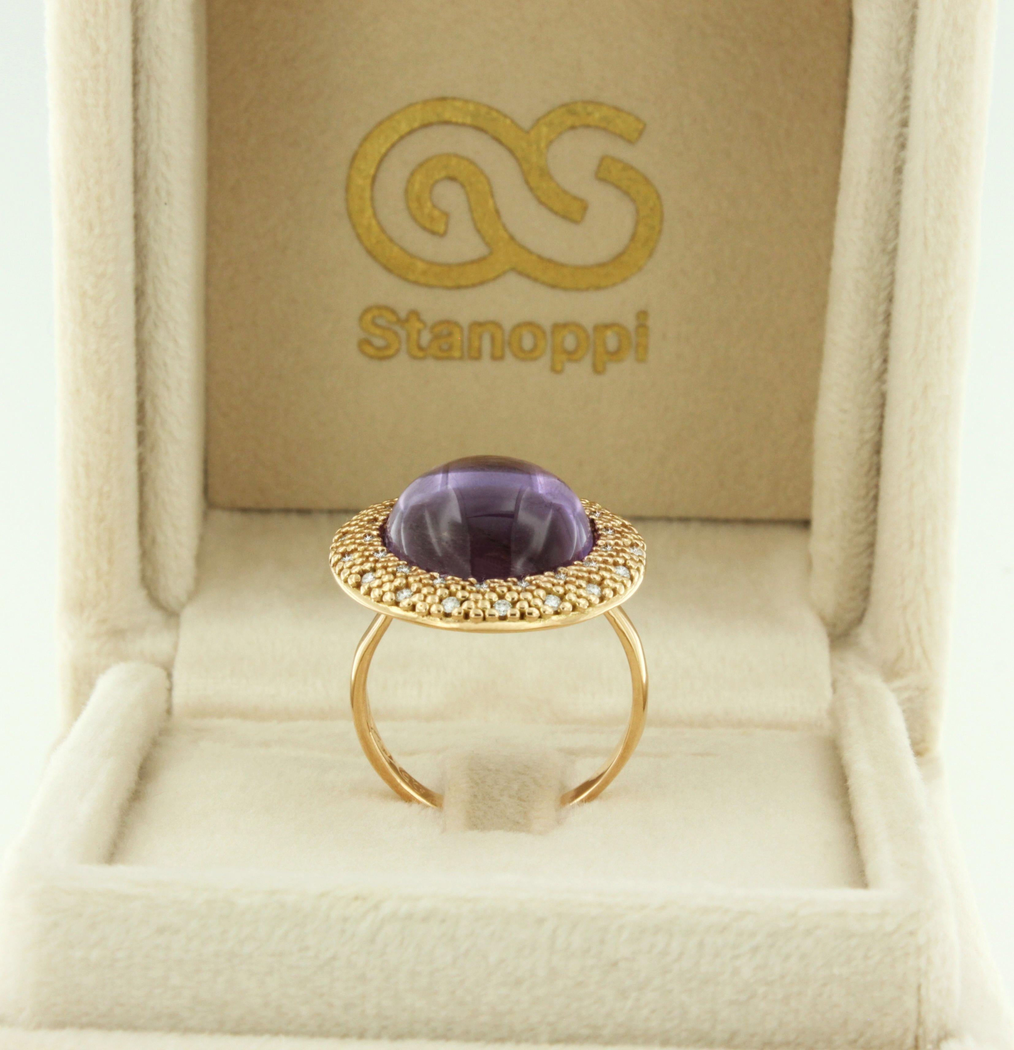 18kt Rose Gold with Purple Cabochon Amethyst Stone White Diamonds Modern Ring For Sale 1
