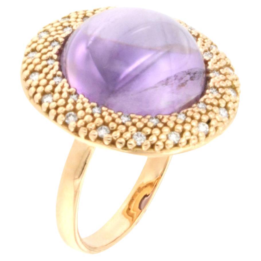 18kt Rose Gold with Purple Cabochon Amethyst Stone White Diamonds Modern Ring