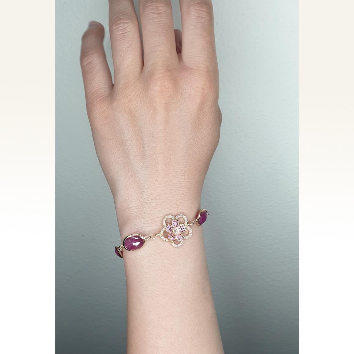 Rose Cut 18Kt Rose Gold with Red Ruby and White Diamonds Bracelet