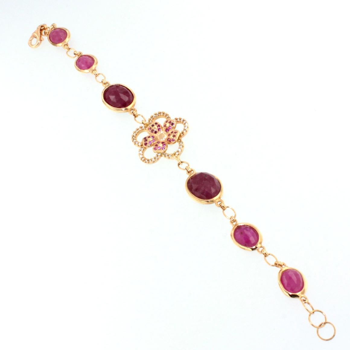 Women's or Men's 18Kt Rose Gold with Red Ruby and White Diamonds Bracelet