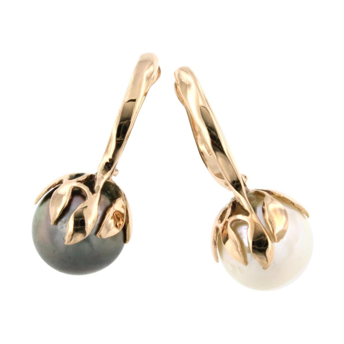 Boucles d'oreilles en or rose 18 carats avec perles de Tahiti et perles blanches