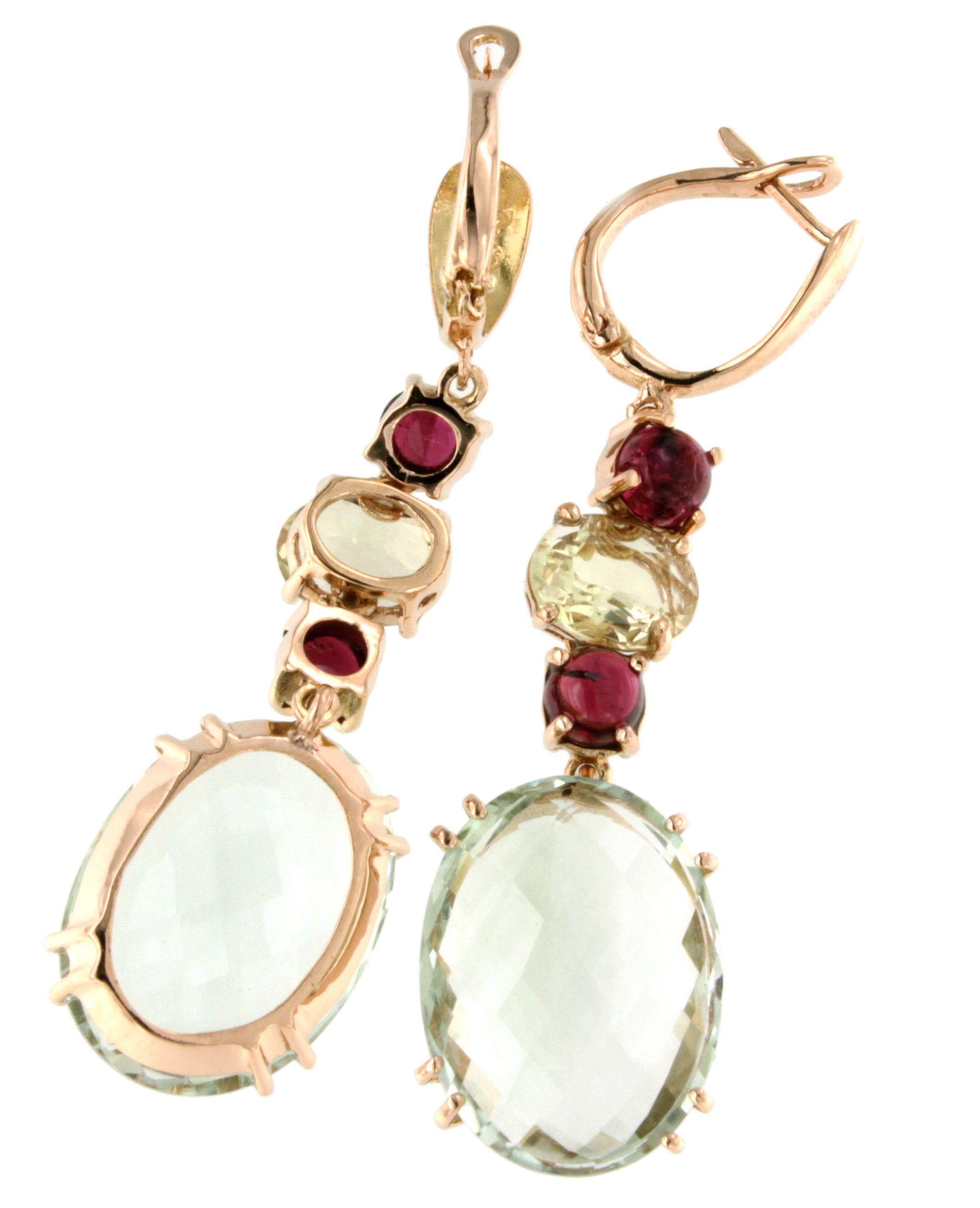 Women's or Men's 18kt Rose Gold With Tourmaline Prasiolite Quartz Modern Contemporaney Earrings  For Sale