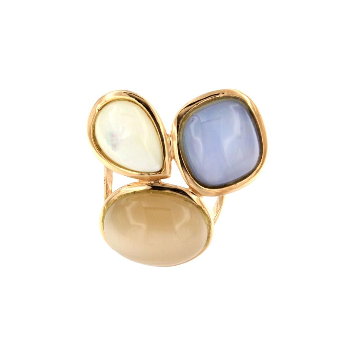 Ring aus 18 Karat Roségold mit weißer und blauer Perle und Mondstein
