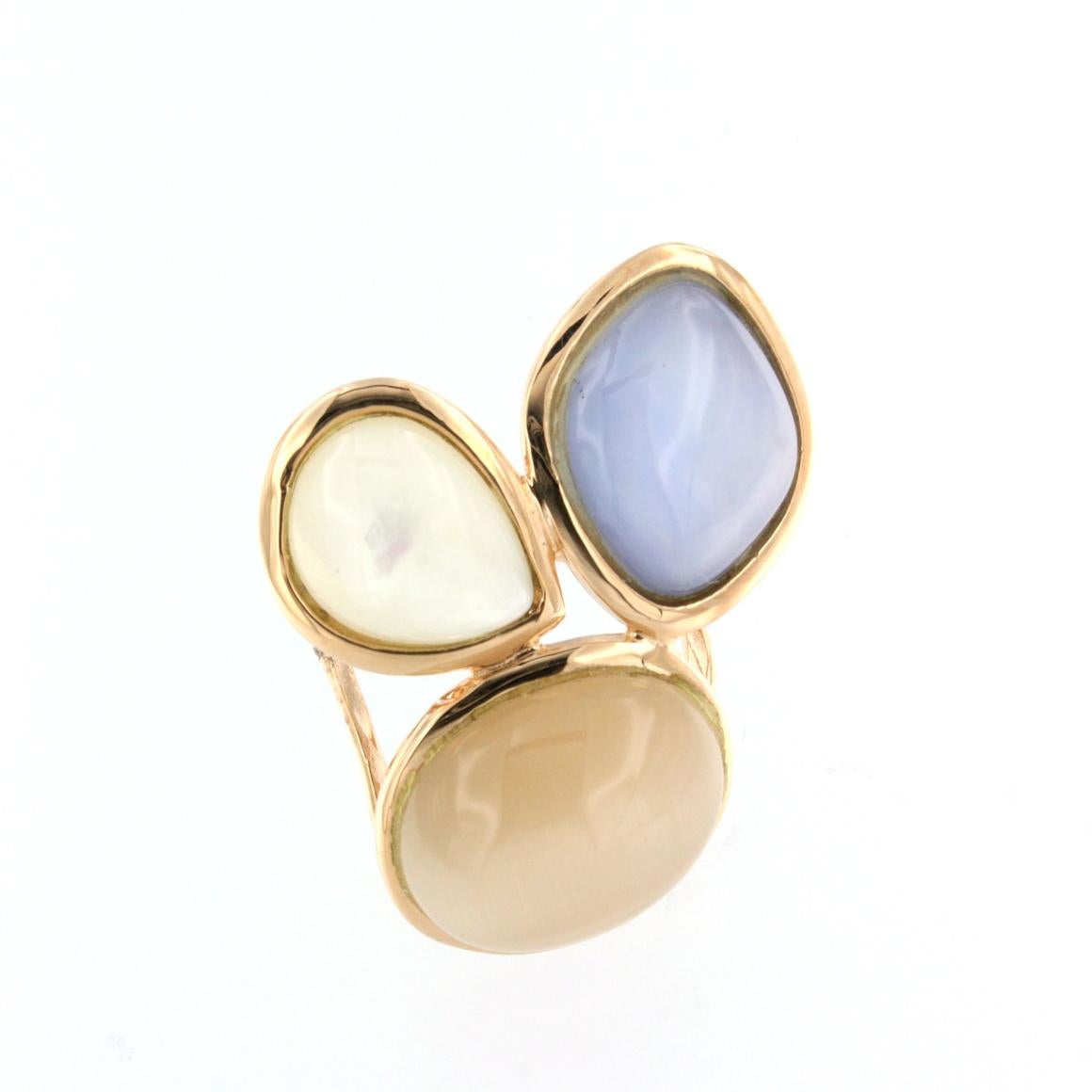 Modern 18kt Rose Gold with White and Blue Mother Pearl and Moonstone Ring For Sale