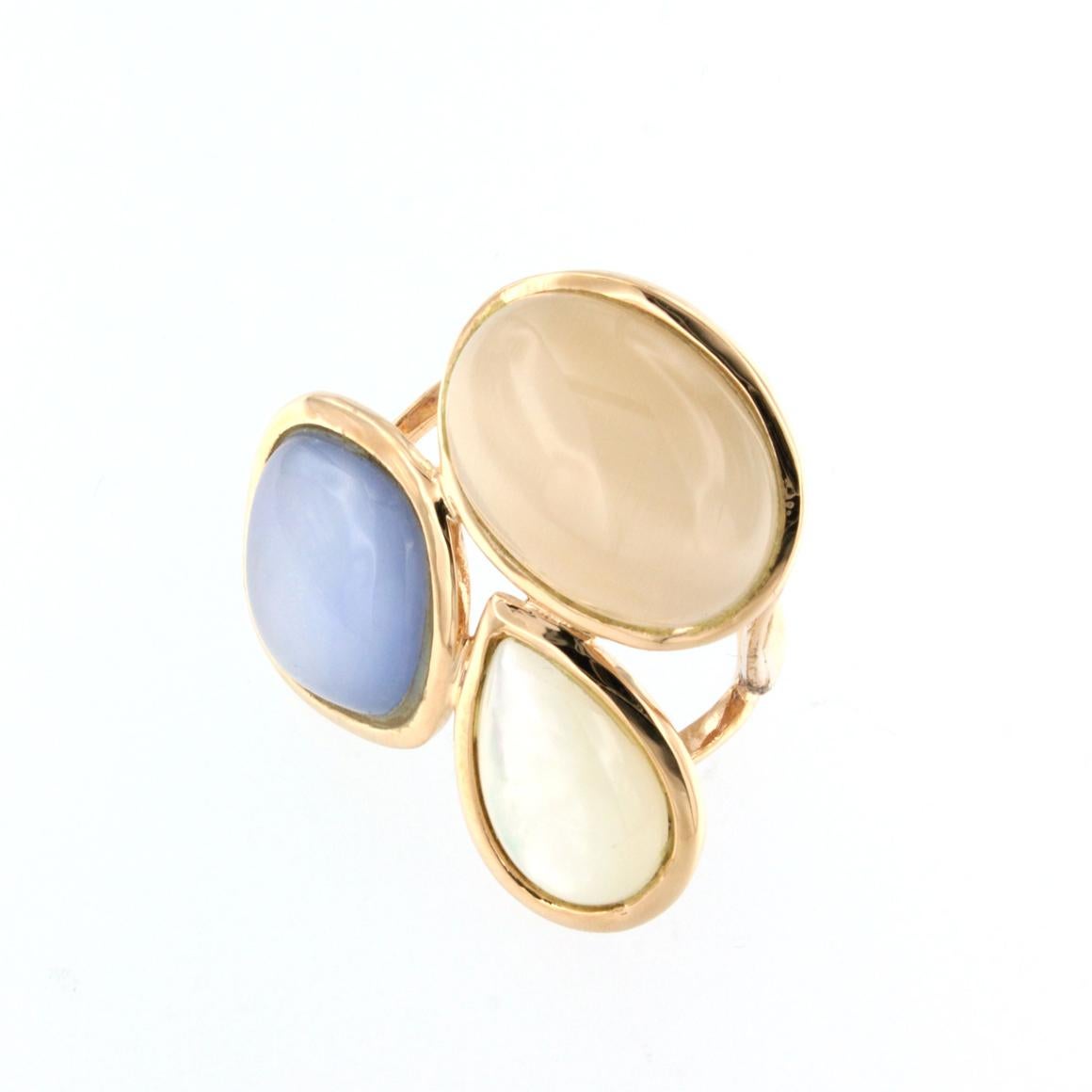 Mixed Cut 18kt Rose Gold with White and Blue Mother Pearl and Moonstone Ring For Sale
