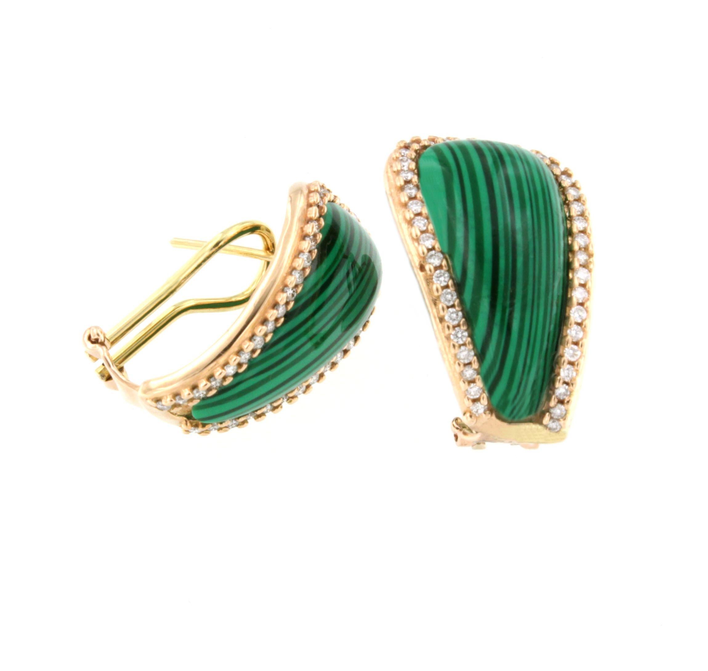 Cabochon 18Kt Rose Gold with White Diamonds and Malachite Modern Amazing Earrings For Sale
