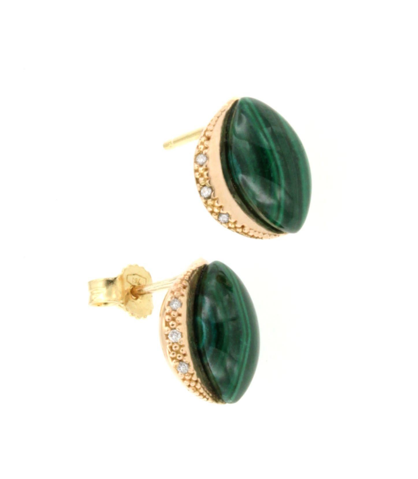 Cabochon 18Kt Rose Gold With White Diamonds And Malachite Modern Amazing Earrings  For Sale
