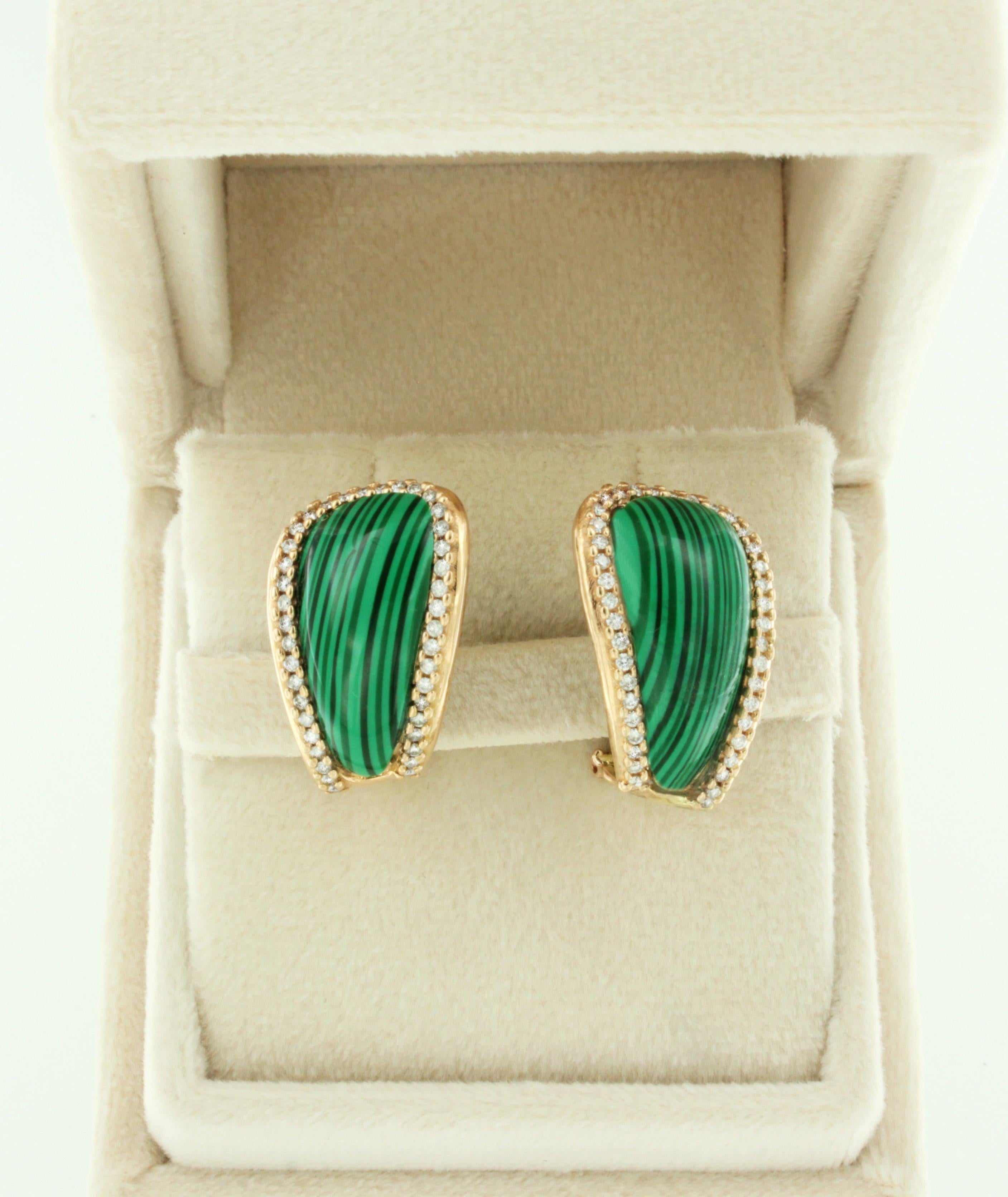 Women's or Men's 18Kt Rose Gold with White Diamonds and Malachite Modern Amazing Earrings For Sale
