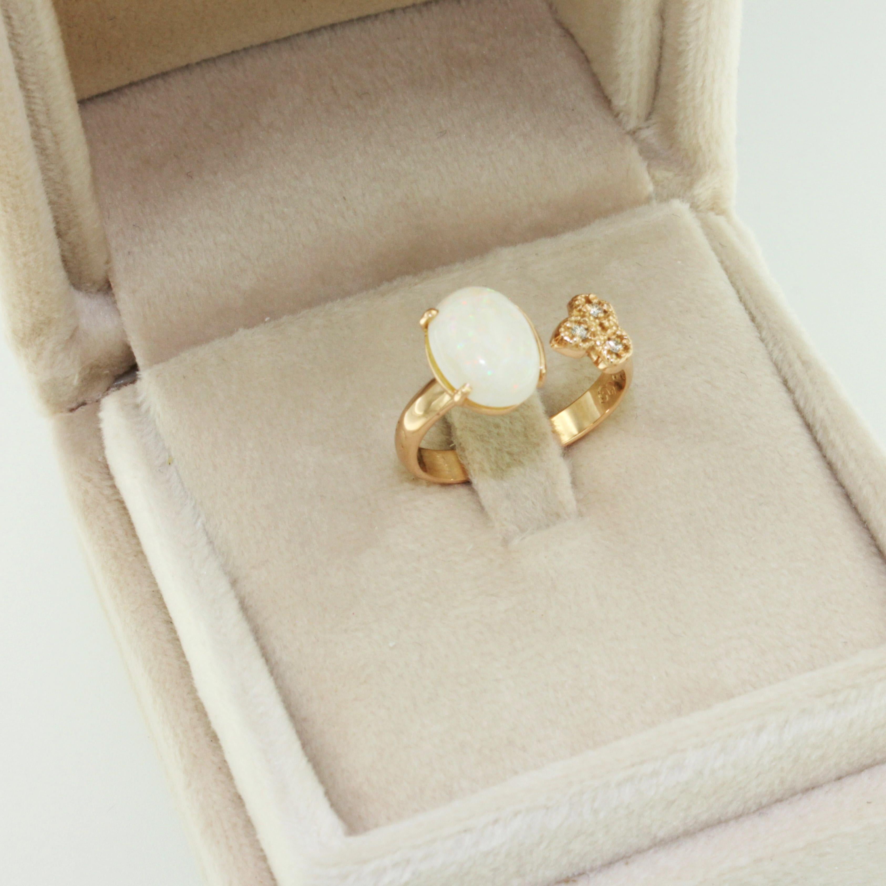 Women's or Men's 18kt Rose Gold with White Opal and White Diamonds Ring For Sale