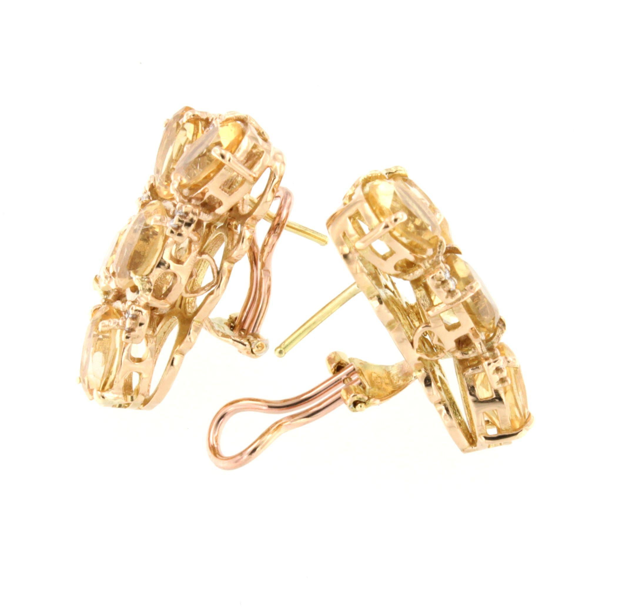 Moderne Incroyables boucles d'oreilles modernes en or rose 18 carats avec pierres de citrines jaunes et diamants blancs  en vente