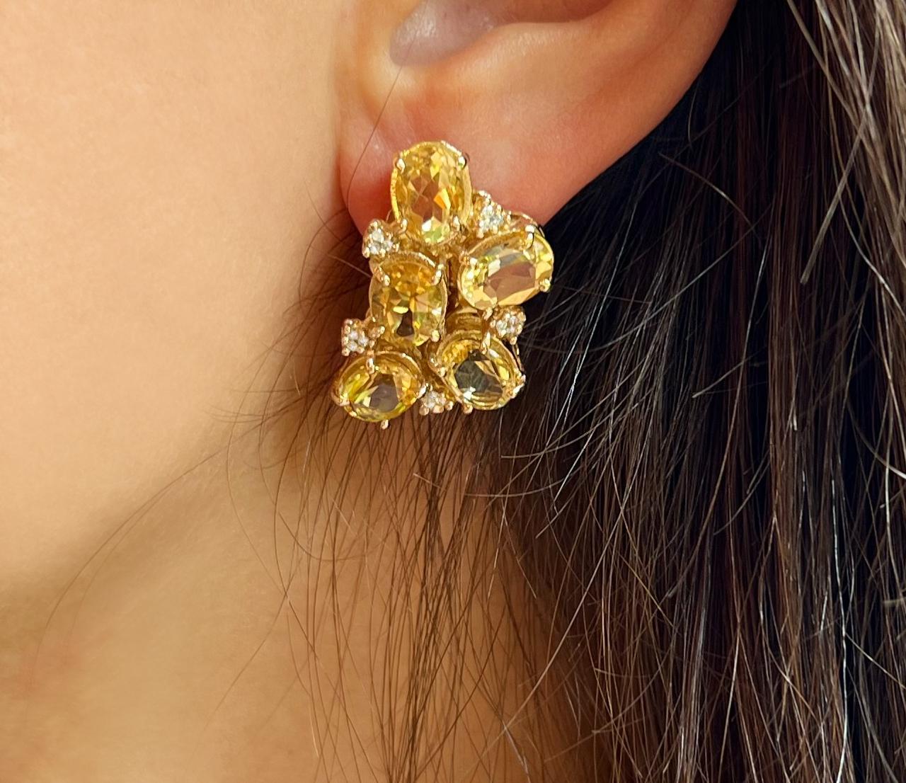 Women's or Men's 18Kt Rose Gold with Yellow Citrin Stones White Diamonds Amazing Modern Earrings  For Sale