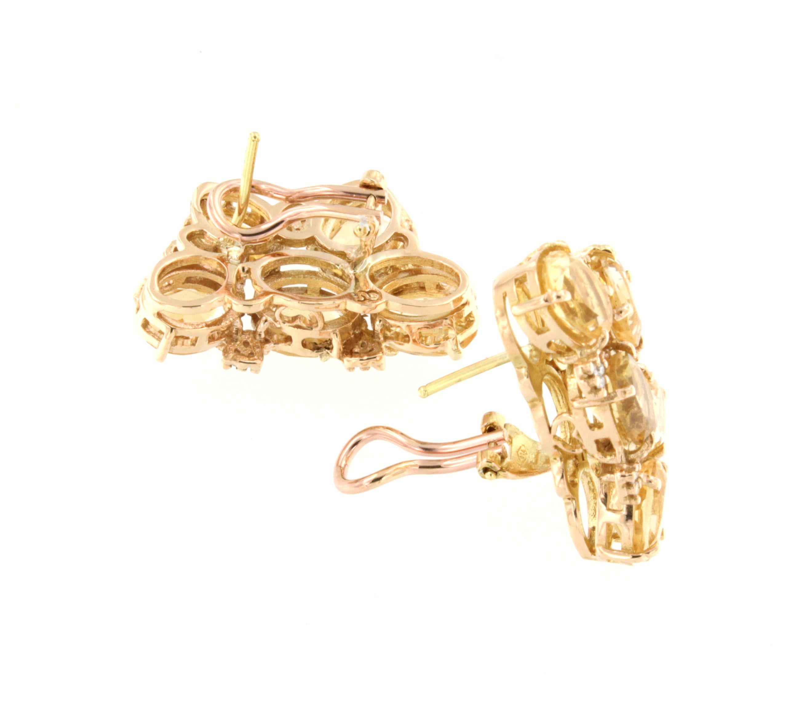 Incroyables boucles d'oreilles modernes en or rose 18 carats avec pierres de citrines jaunes et diamants blancs  Unisexe en vente