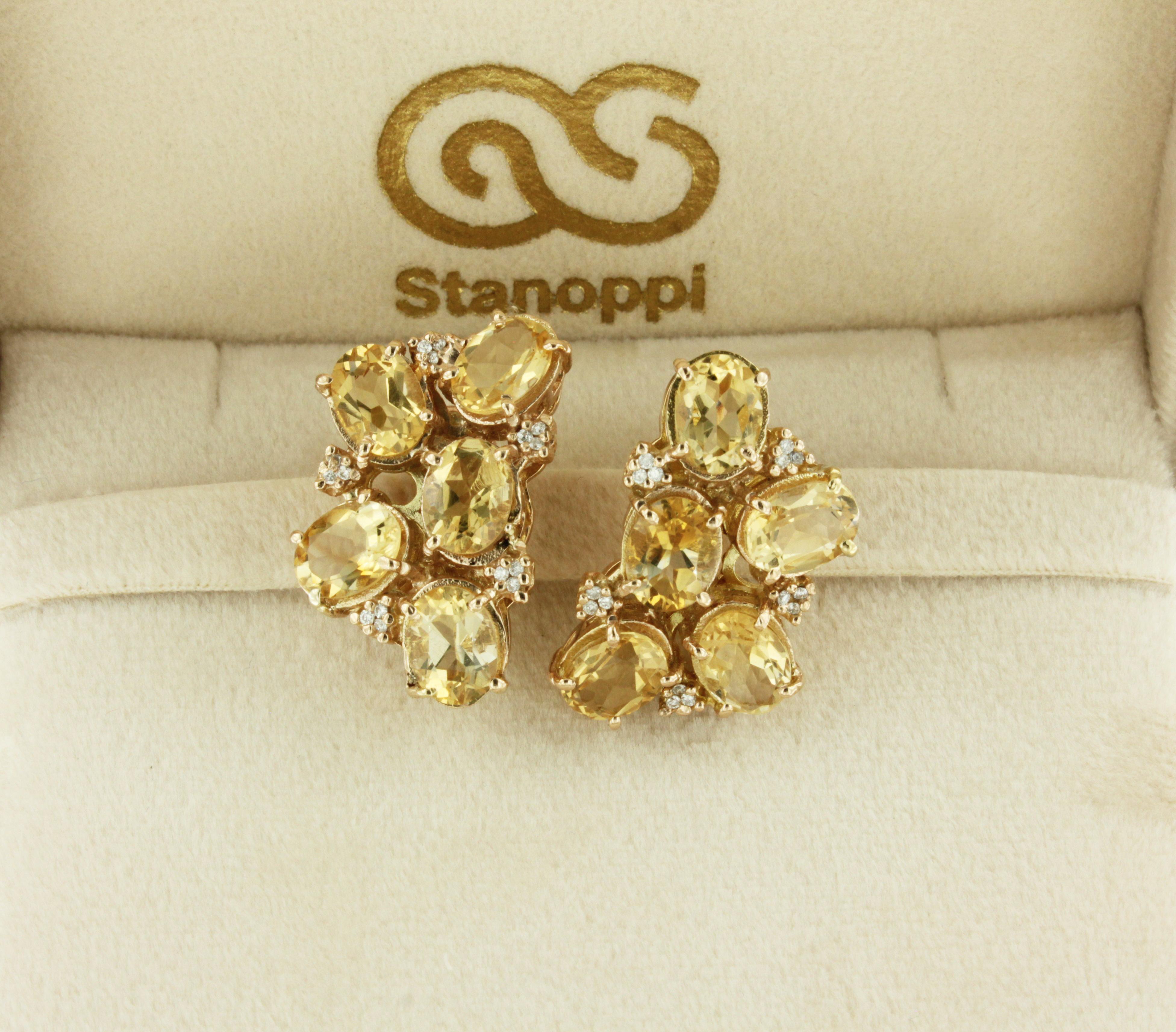 18Kt Rose Gold with Yellow Citrin Stones White Diamonds Amazing Modern Earrings  For Sale 2