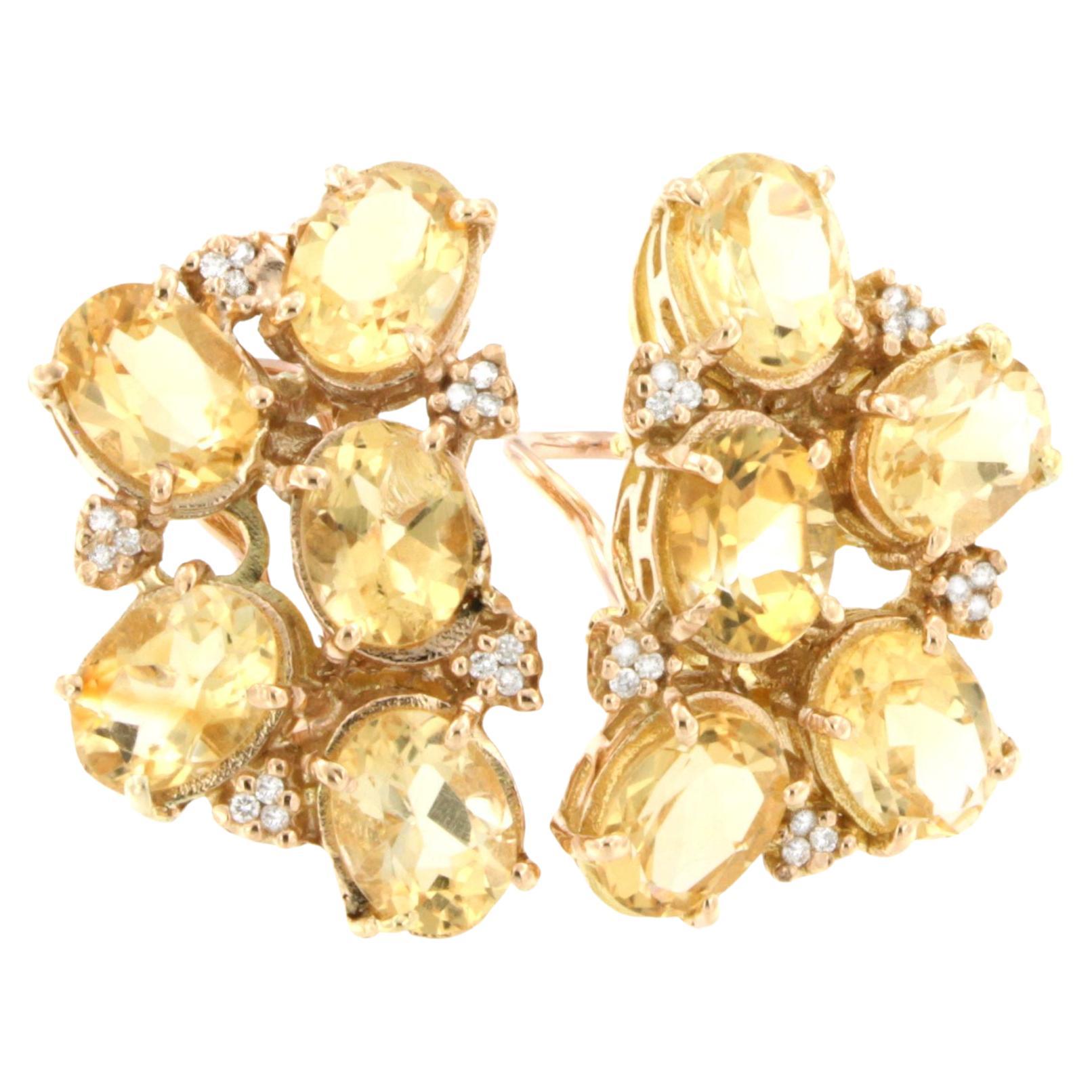 Incroyables boucles d'oreilles modernes en or rose 18 carats avec pierres de citrines jaunes et diamants blancs 