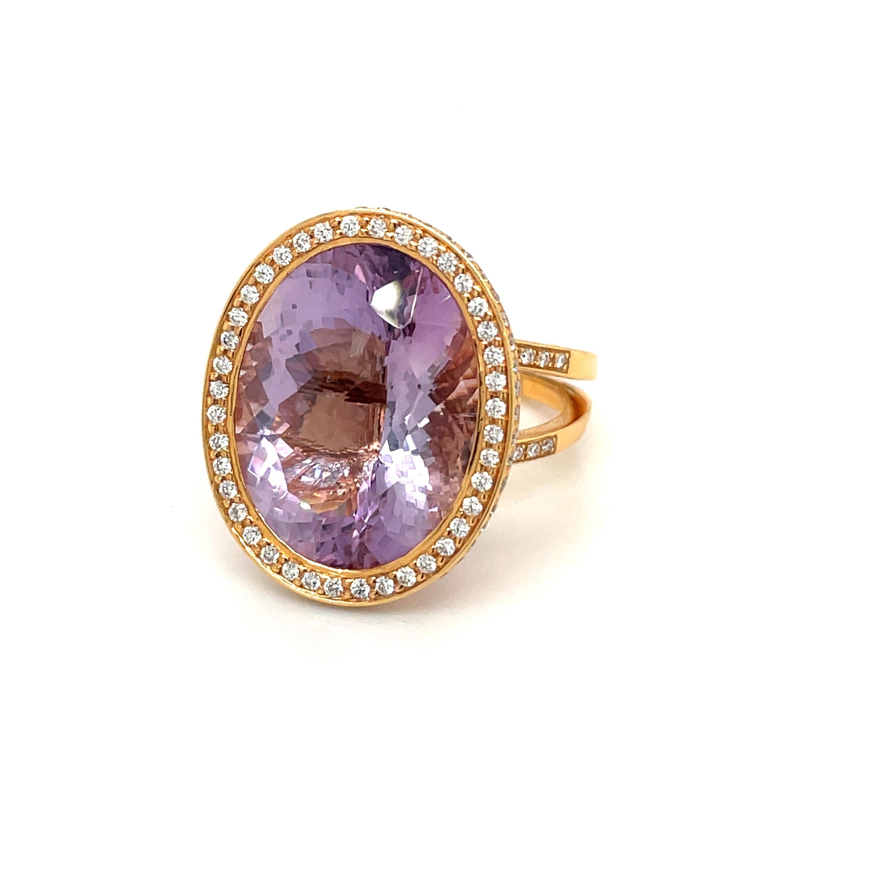 Oval Cut 18kt Rose Gold Zorab Creations 12.18ct Amethyst Ring with Diamonds For Sale