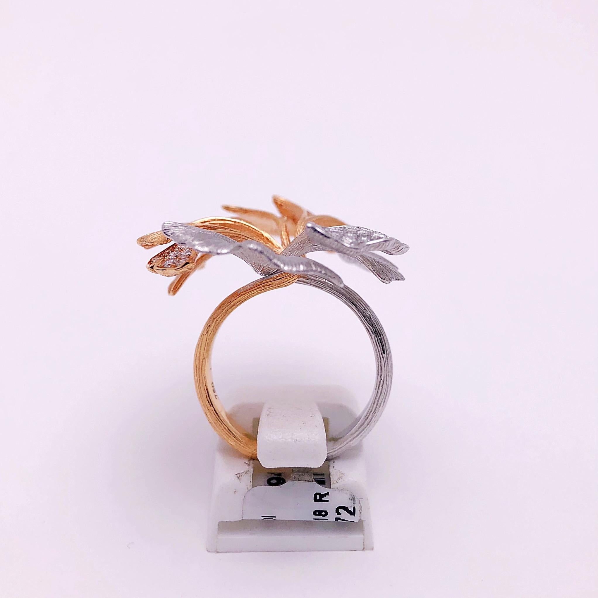 Contemporary 18 Karat Rose and White Gold Ginko Leaf Ring with .90 Carat Diamonds For Sale
