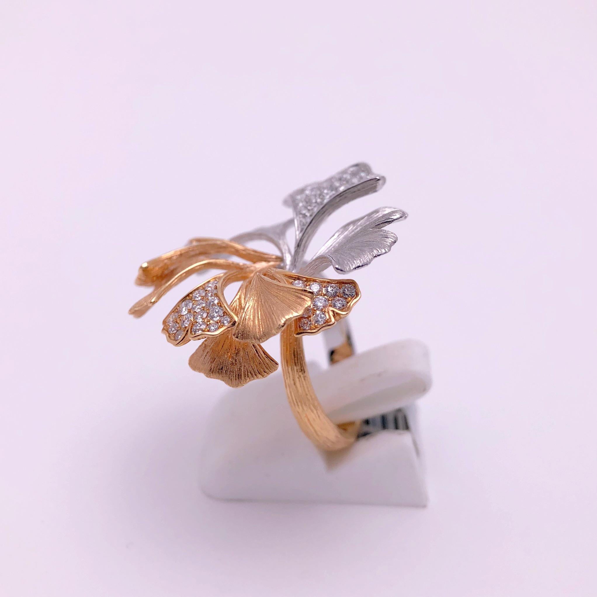 Round Cut 18 Karat Rose and White Gold Ginko Leaf Ring with .90 Carat Diamonds For Sale
