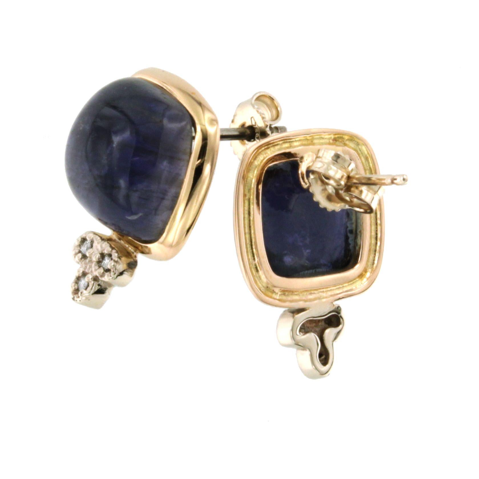 Cabochon 18Kt  Rose White Gold Natural Stones Iolite White Diamonds Fashion Earrings For Sale