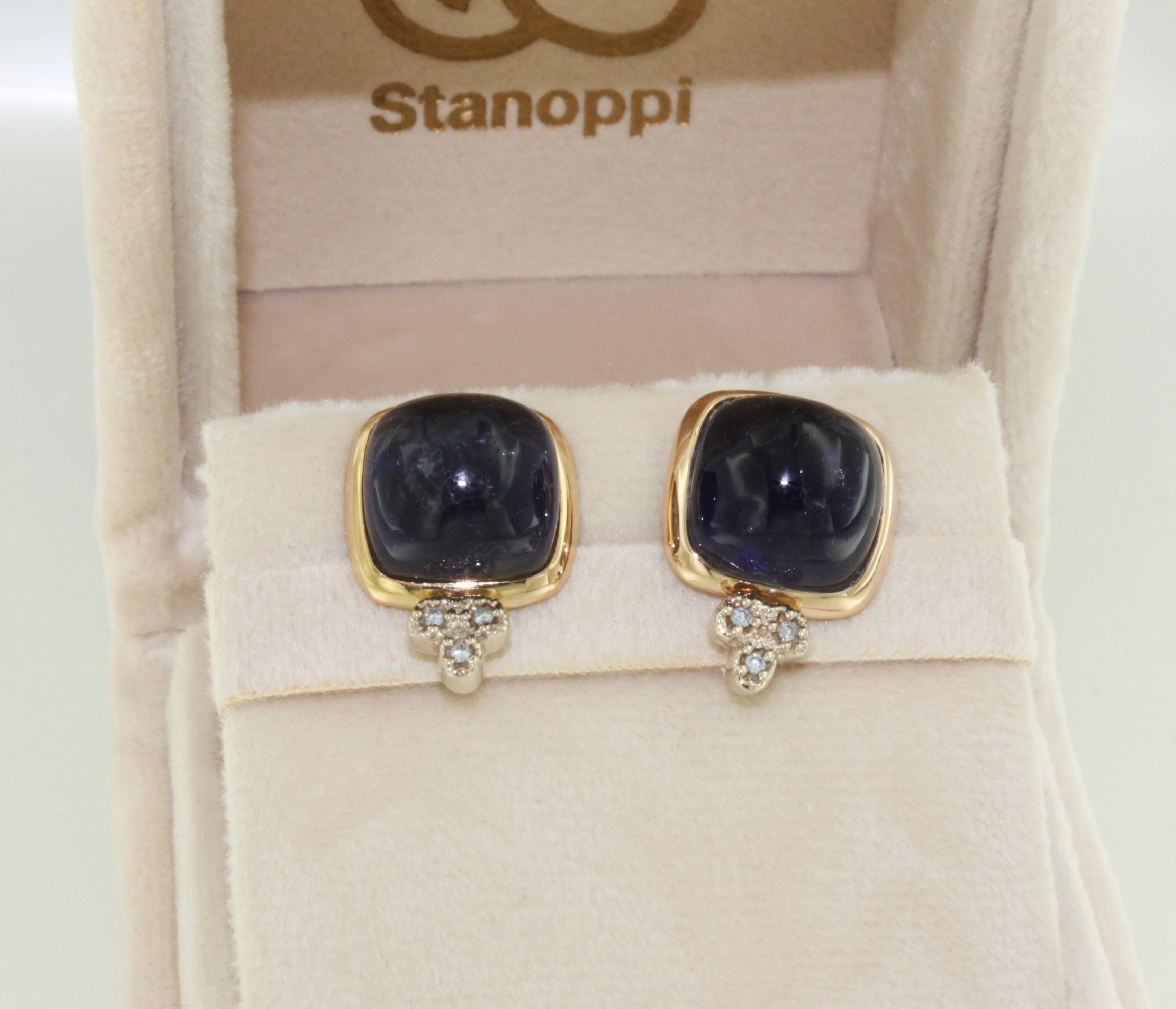 18Kt  Rose White Gold Natural Stones Iolite White Diamonds Fashion Earrings In New Condition For Sale In GALLARATE, IT