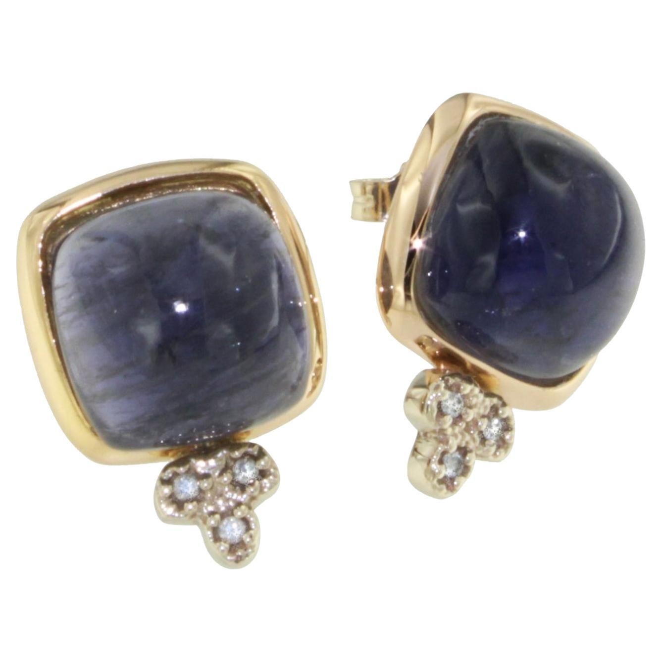 18Kt  Rose White Gold Natural Stones Iolite White Diamonds Fashion Earrings