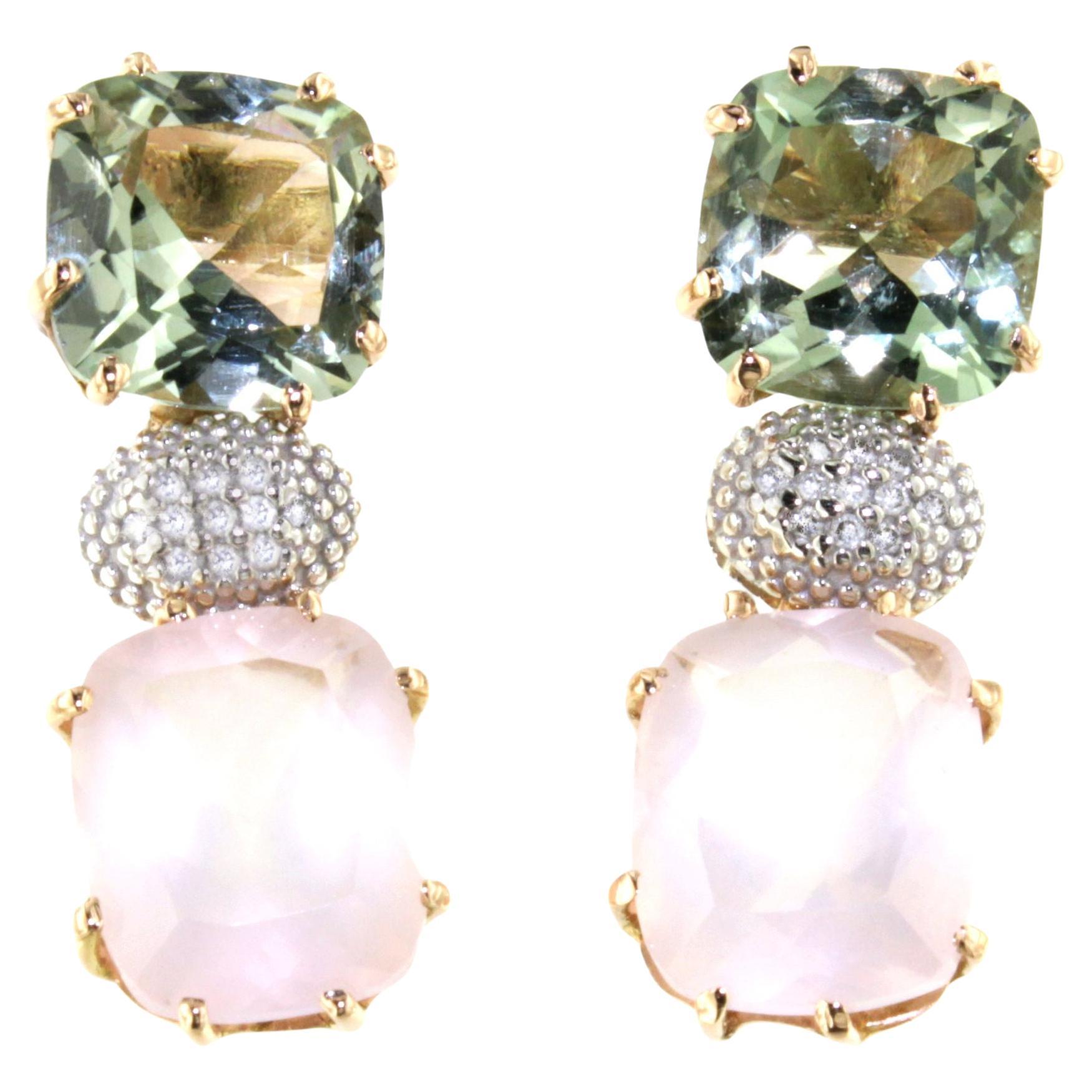 18Kt  Rose White Gold Natural Stones White Diamonds Fashion Earrings