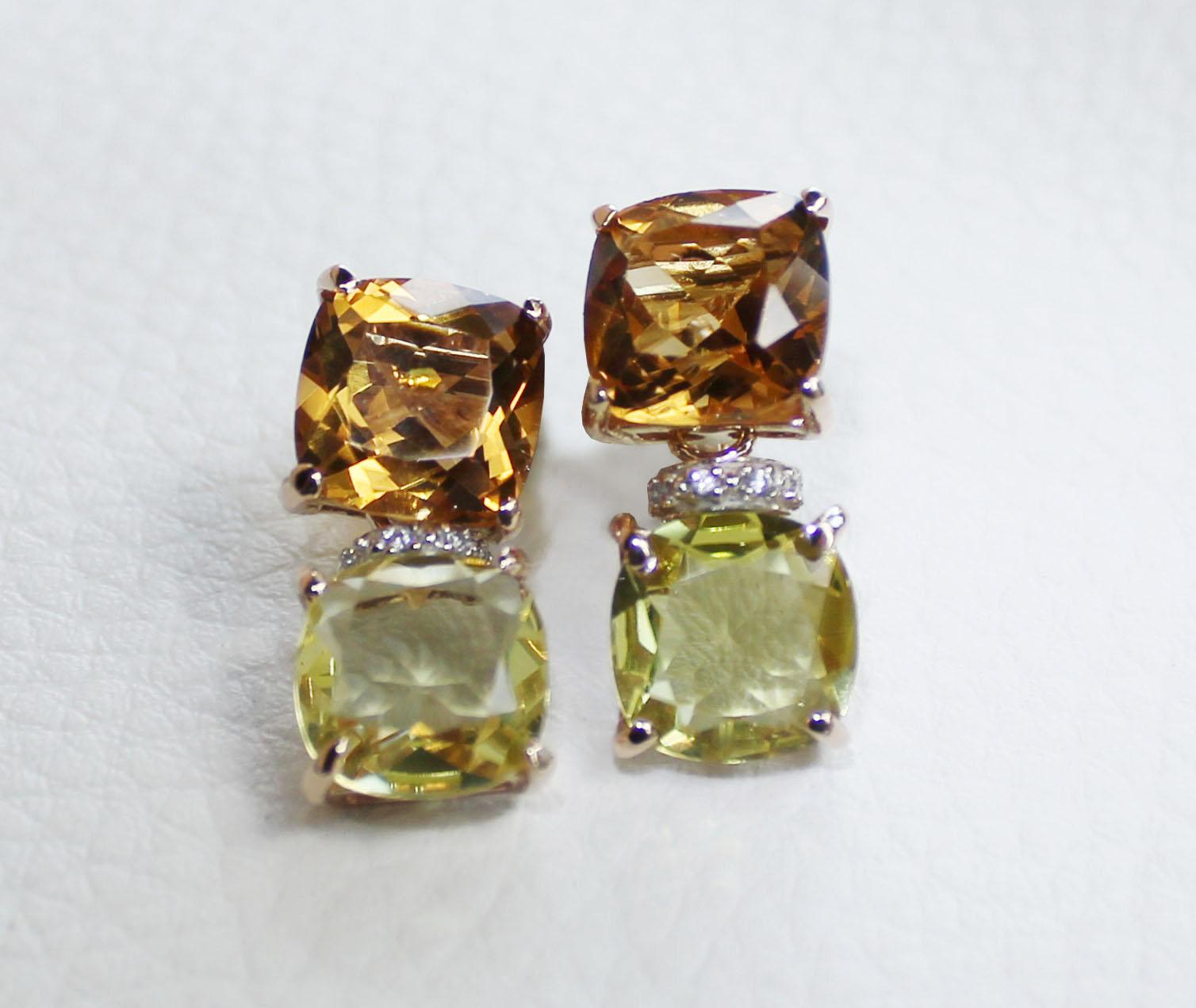 18Kt Rose White Gold Natural Stones White Diamonds Fashion Modern Earrings  For Sale 1