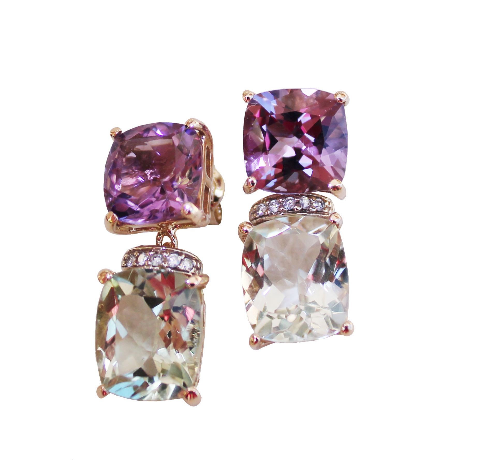 18Kt  Rose White Gold Natural Stones White Diamonds Fashion Modern Earrings  For Sale 2