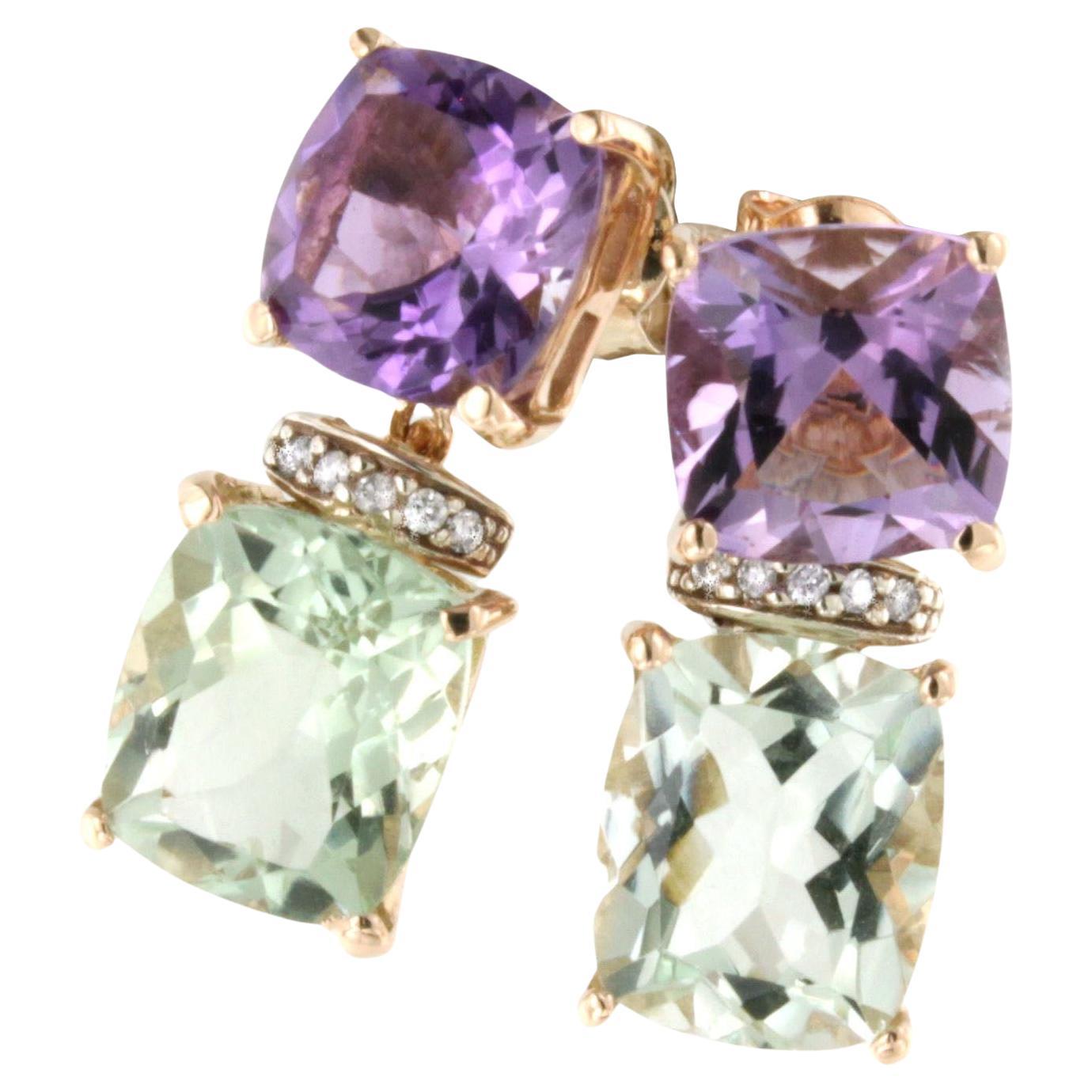 18Kt  Rose White Gold Natural Stones White Diamonds Fashion Modern Earrings  For Sale