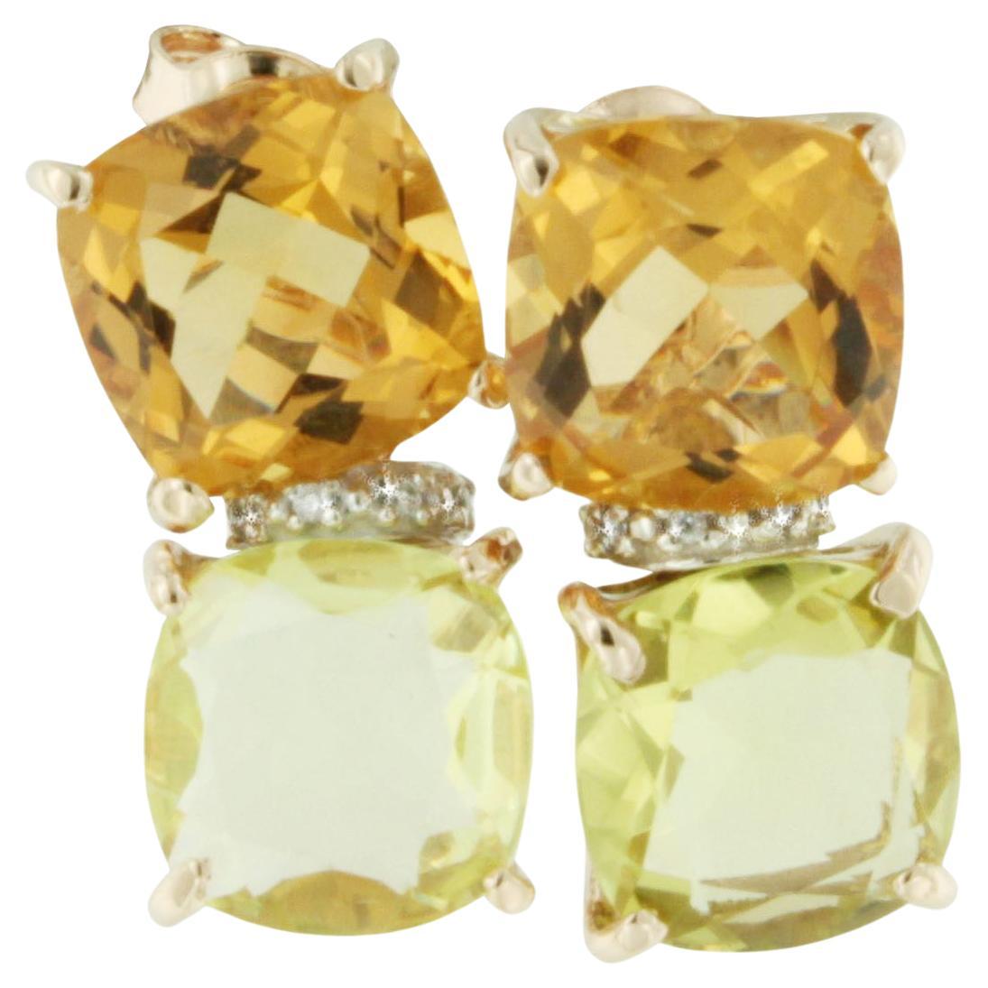 18Kt Rose White Gold Natural Stones White Diamonds Fashion Modern Earrings  For Sale