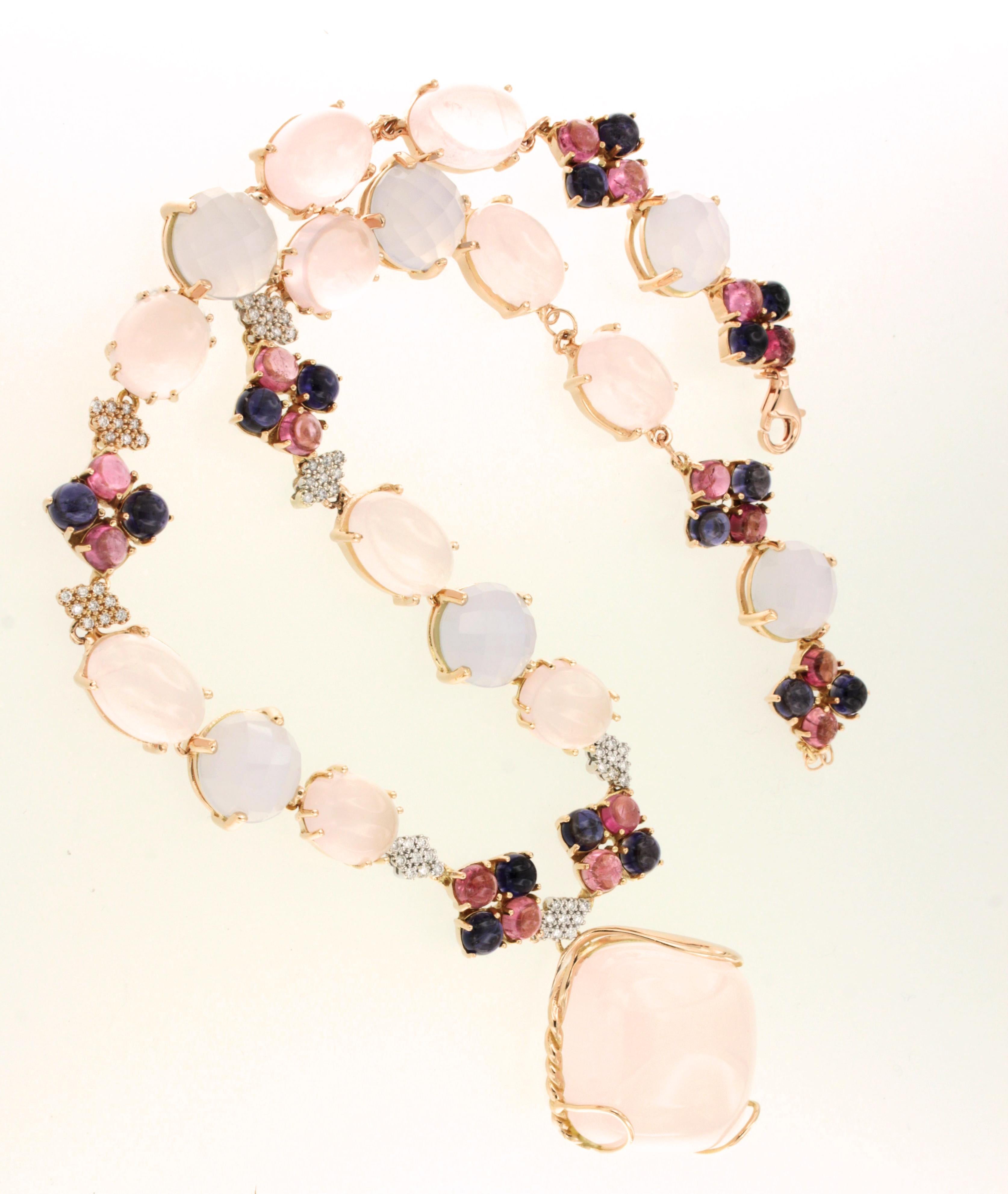18Kt Rose White Gold Pink Quartz Pink Tourmaline Blue Iolite Diamond Necklace In New Condition In GALLARATE, IT