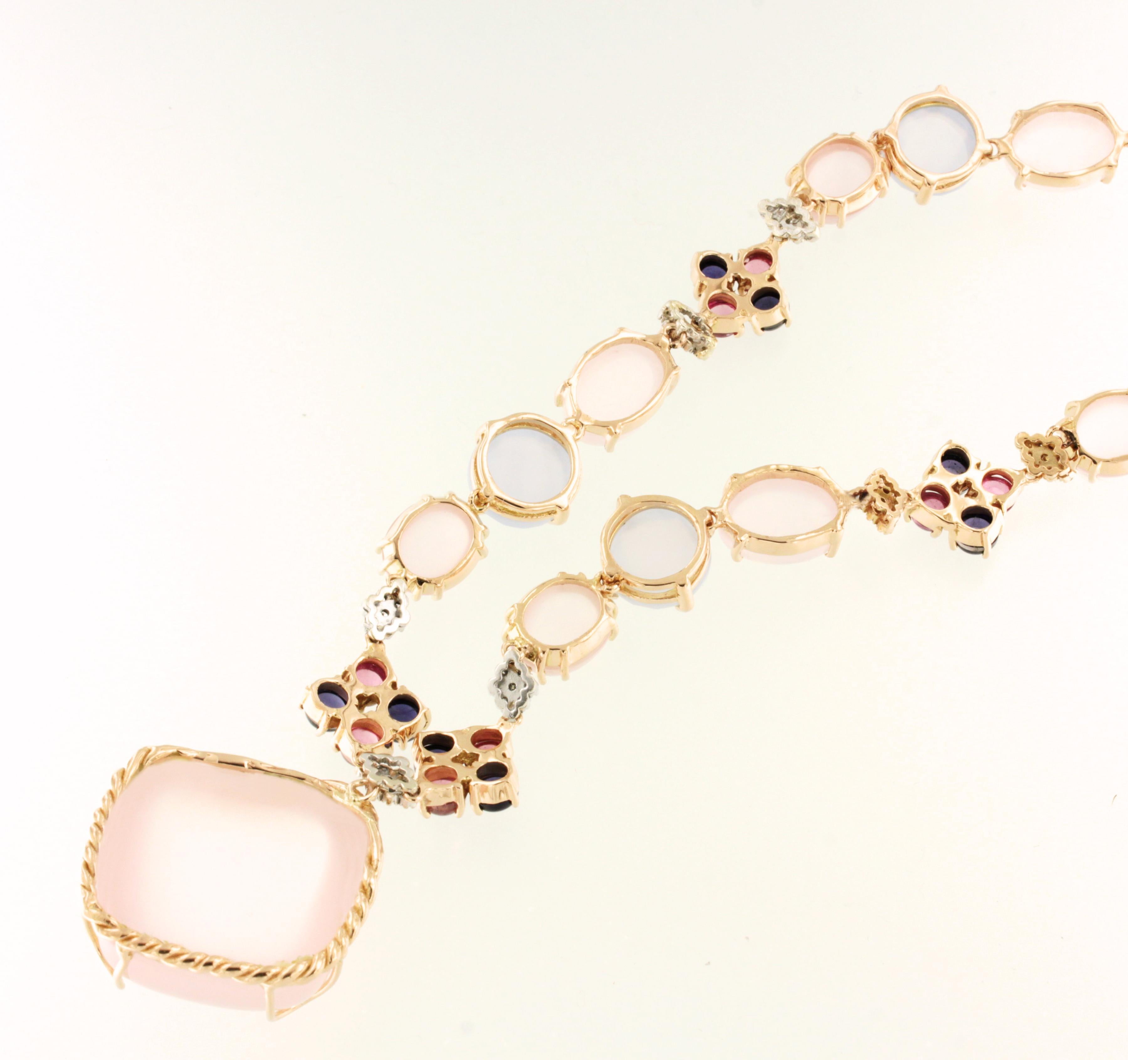 Women's or Men's 18Kt Rose White Gold Pink Quartz Pink Tourmaline Blue Iolite Diamond Necklace For Sale