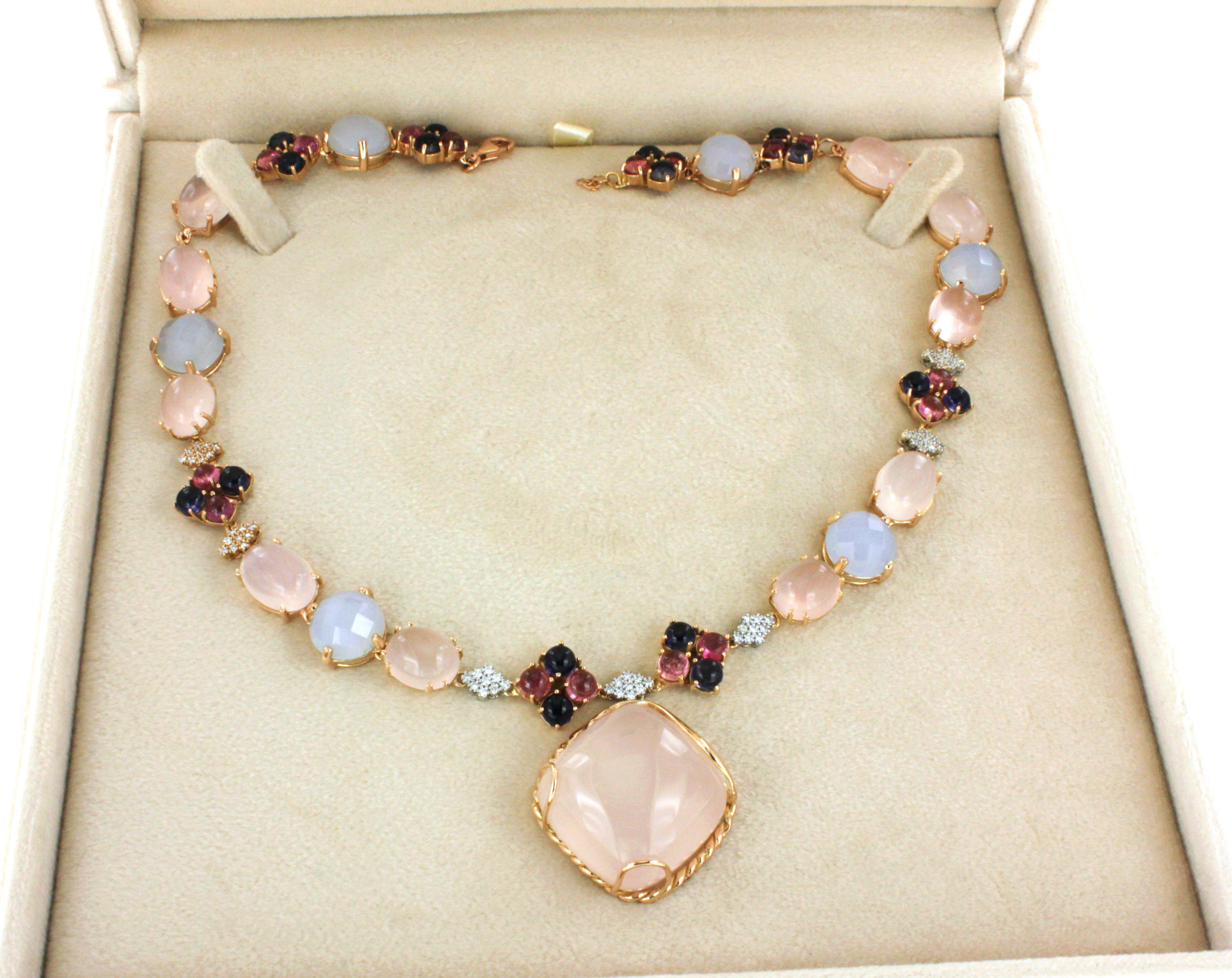 18Kt Rose White Gold Pink Quartz Pink Tourmaline Blue Iolite Diamond Necklace 1