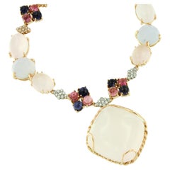 18Kt Rose White Gold Pink Quartz Pink Tourmaline Blue Iolite Diamond Necklace