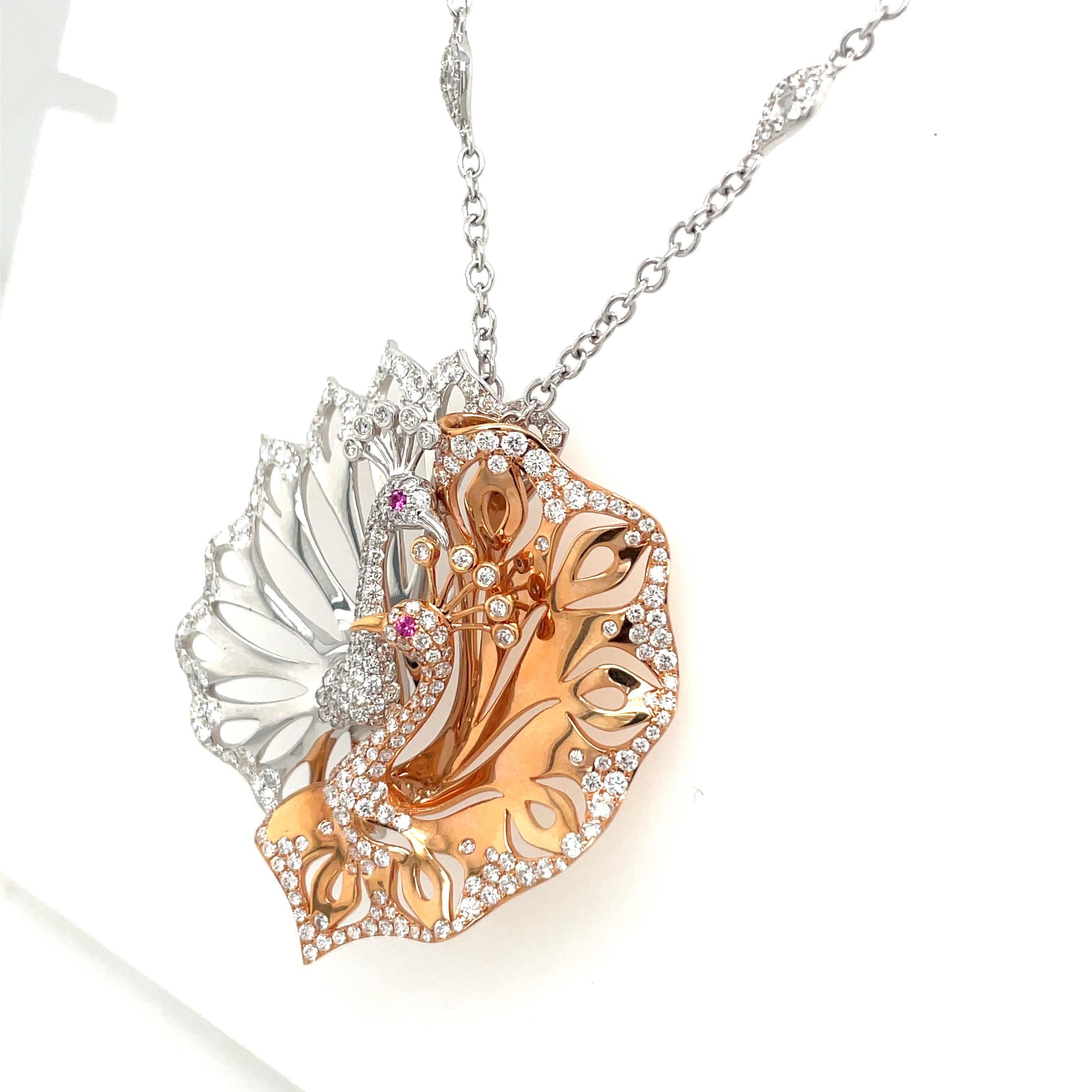 Contemporary 18KT Rose & White Gold Twin Peacocks Pendant with 2.42Ct. Diamonds