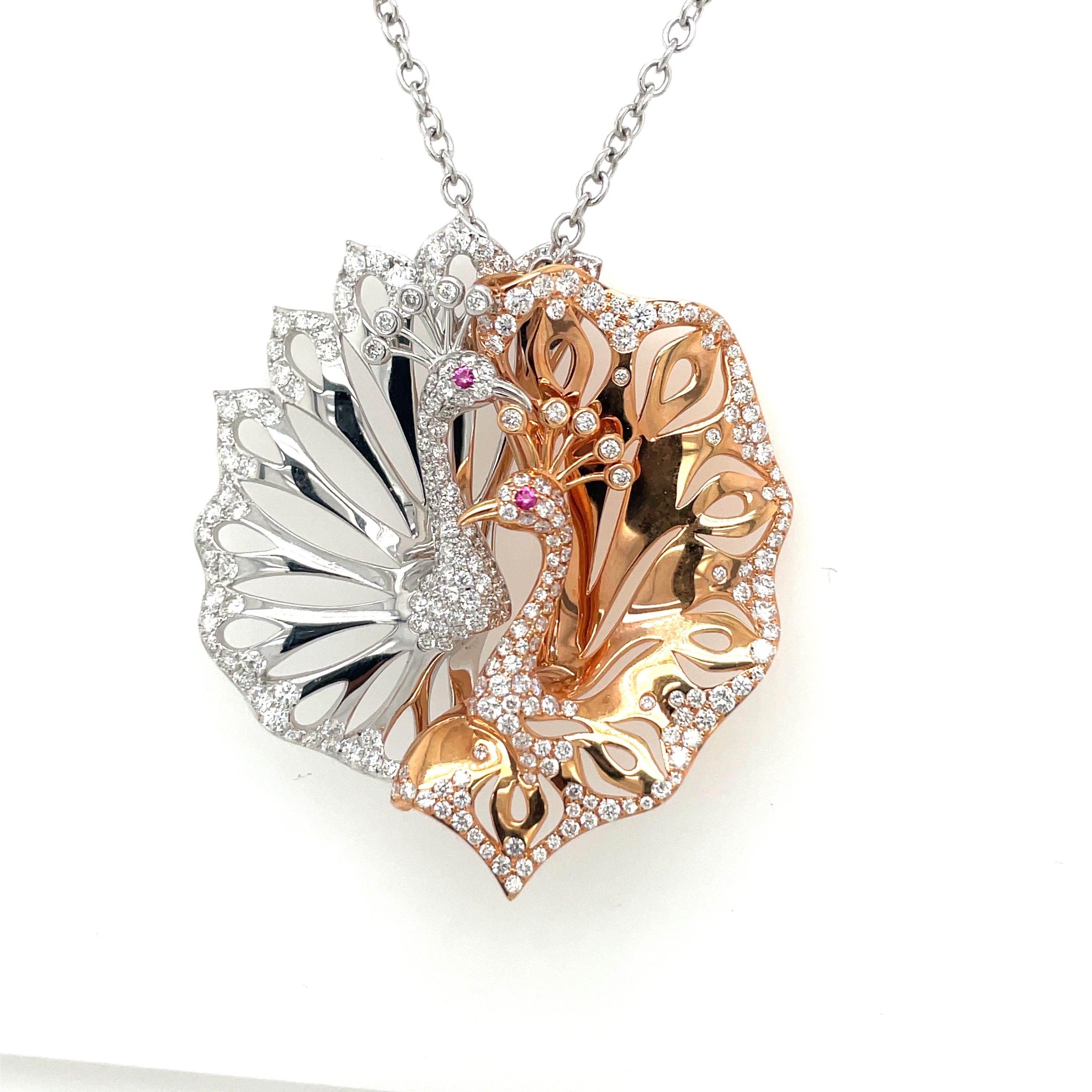 18KT Rose & White Gold Twin Peacocks Pendant with 2.42Ct. Diamonds In New Condition In New York, NY