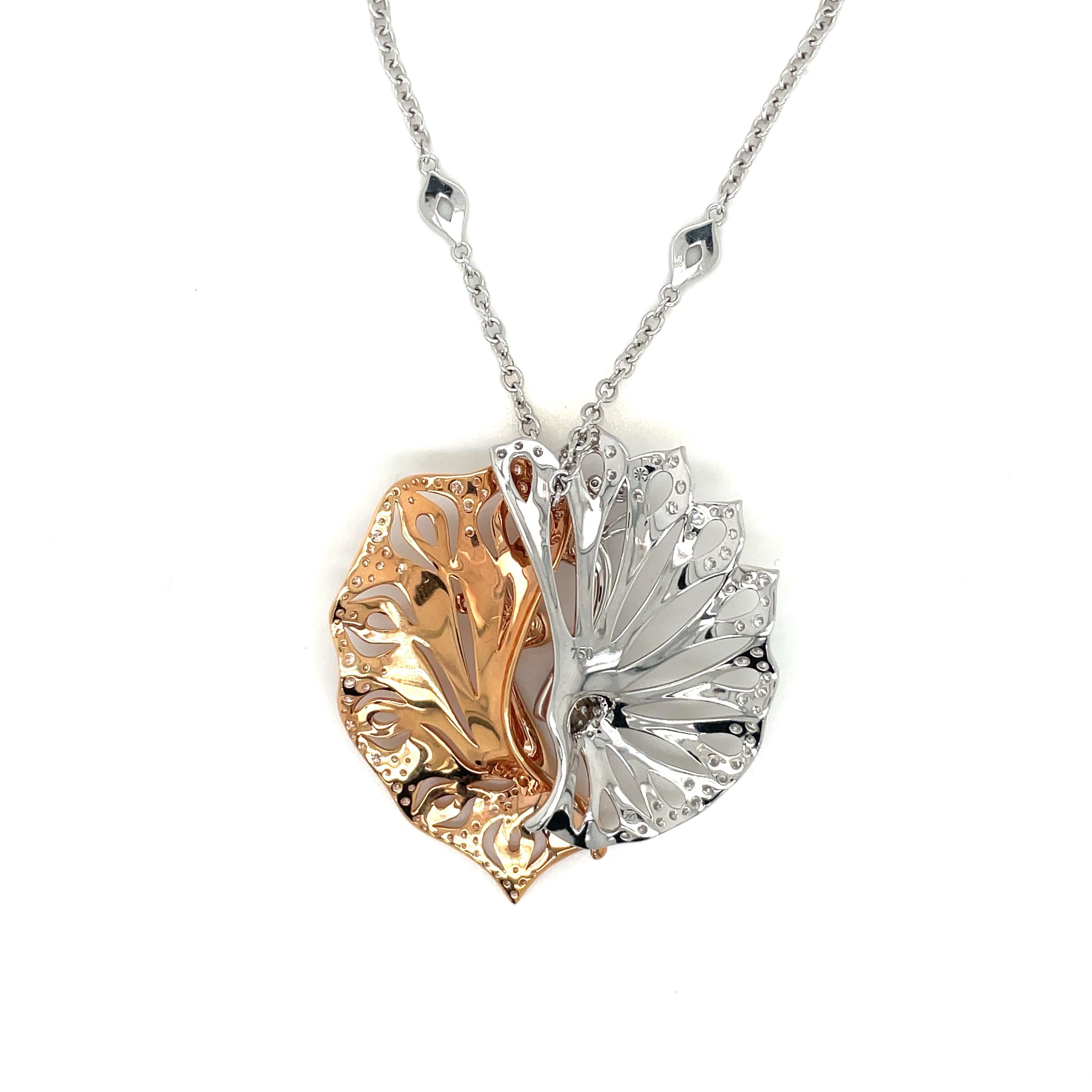 Women's or Men's 18KT Rose & White Gold Twin Peacocks Pendant with 2.42Ct. Diamonds