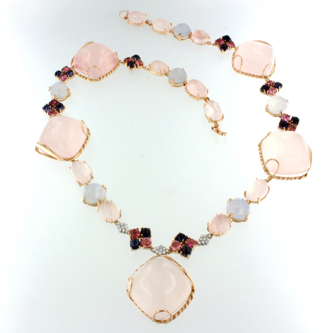 Modern 18kt Rose White Gold With Tourmaline Iolite Pink Quartz White Diamonds Necklace 