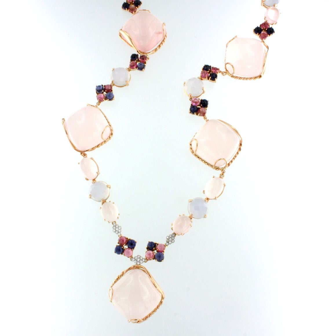 18kt Rose White Gold With Tourmaline Iolite Pink Quartz White Diamonds Necklace  In New Condition In GALLARATE, IT