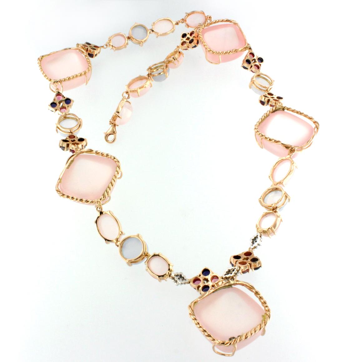 Women's or Men's 18kt Rose White Gold With Tourmaline Iolite Pink Quartz White Diamonds Necklace 