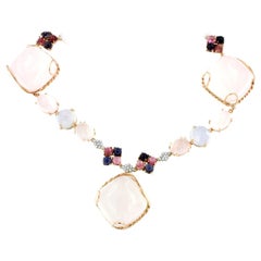 18kt Rose White Gold With Tourmaline Iolite Pink Quartz White Diamonds Necklace 
