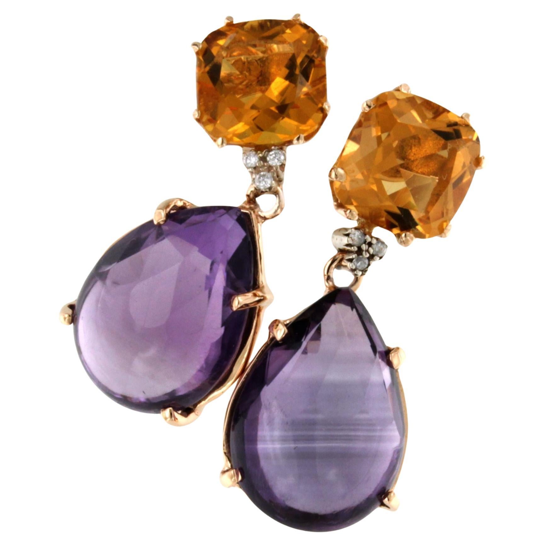 18kt Rose White Gold Yellow Citrine Amethyst White Diamonds Timeless  Earrings 