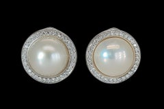 18kt Round Mabe Pearl Clip, on Earrings Surrounded with Diamonds