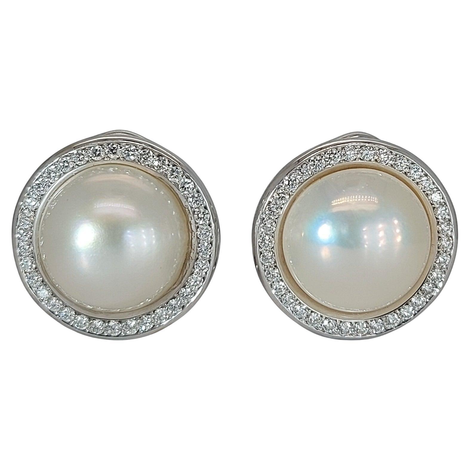 18kt Round Mabe Pearl Clip, on Earrings Surrounded with Diamonds