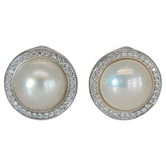 18kt Round Mabe Pearl Clip, on Earrings Surrounded with Diamonds