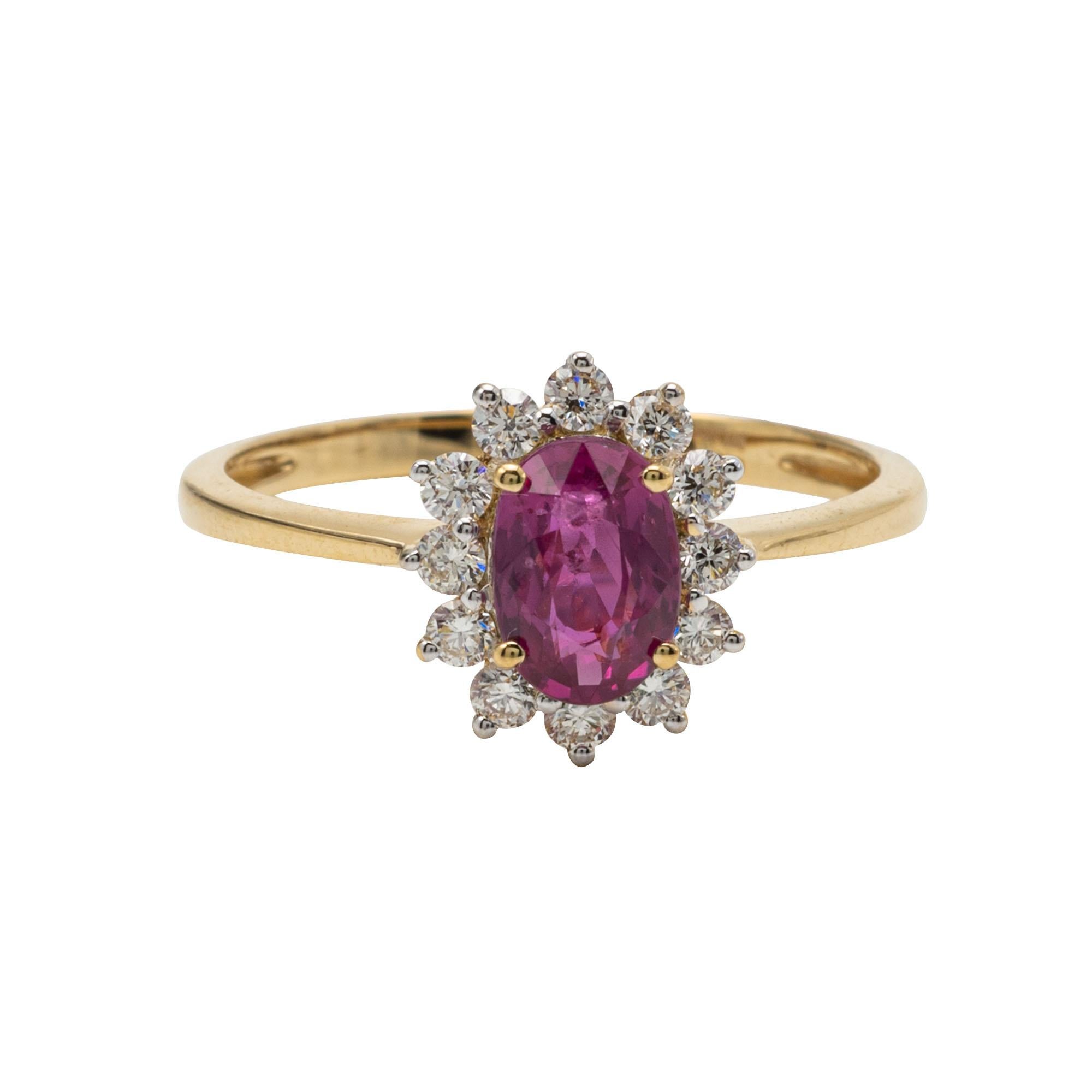 18kt Ruby and Diamond Ring 
Claw-set with an oval-shaped natural ruby weighing approximately 0.32 carats, surrounded by round brilliant-cut diamonds weighing approximately 0.32 carats, Size 7 1/4. 
Accompanied by GIA report 2213443826